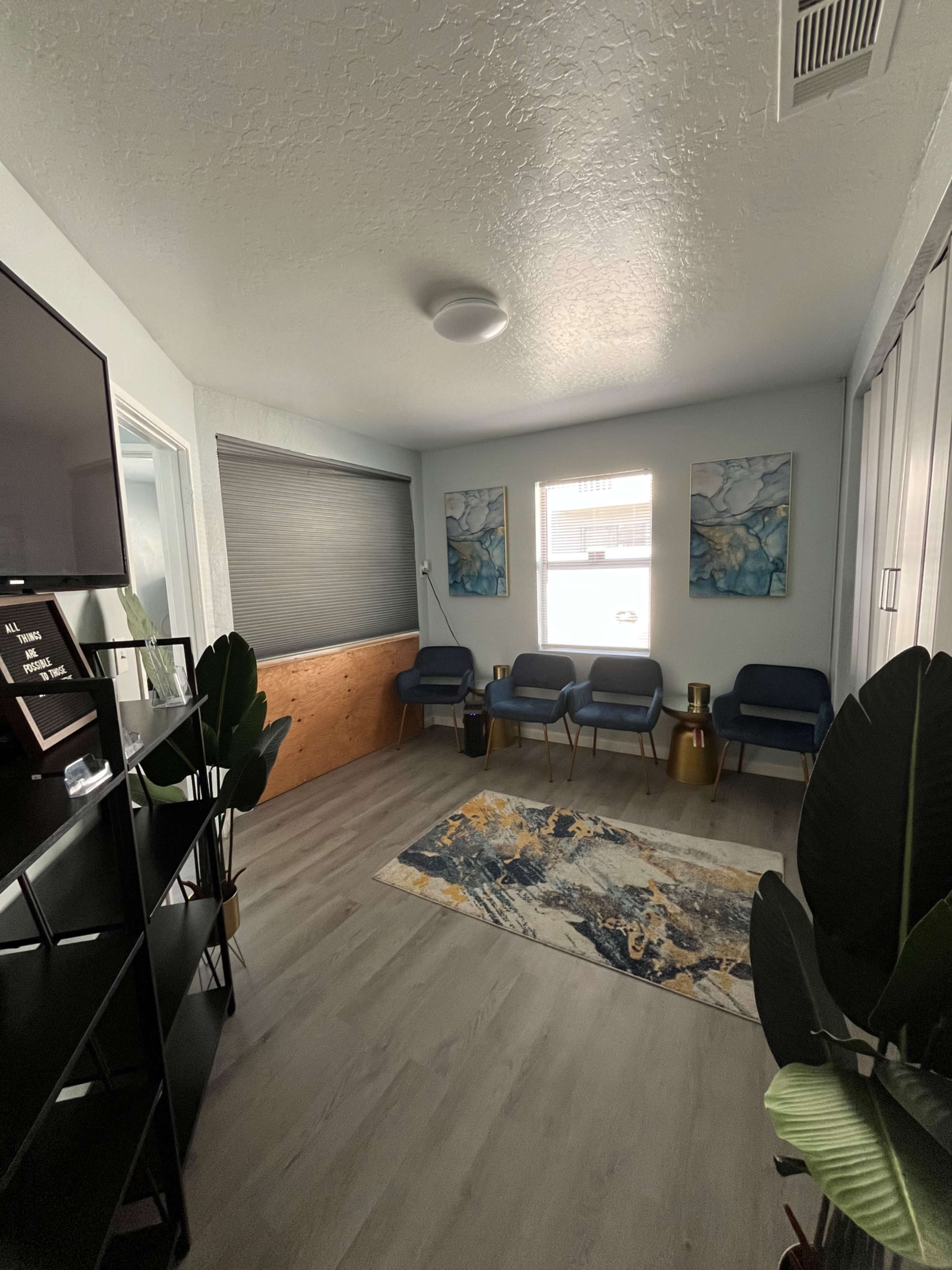 The image shows a waiting room with blue chairs, a large television, a decorative rug, and plants against light-colored walls.