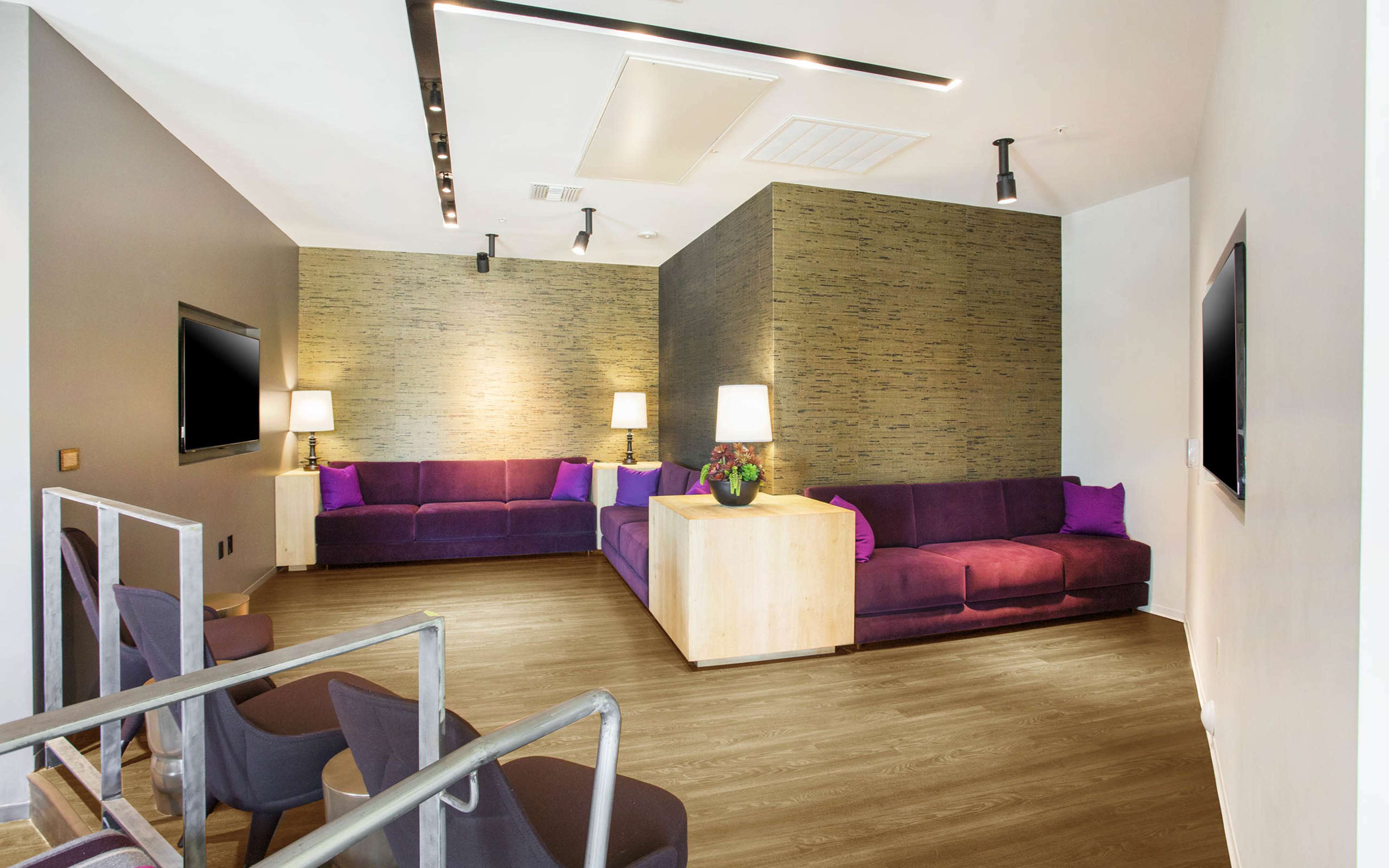 A modern lounge area featuring two purple sofas, a square wood coffee table, and a small seating arrangement with four purple chairs.