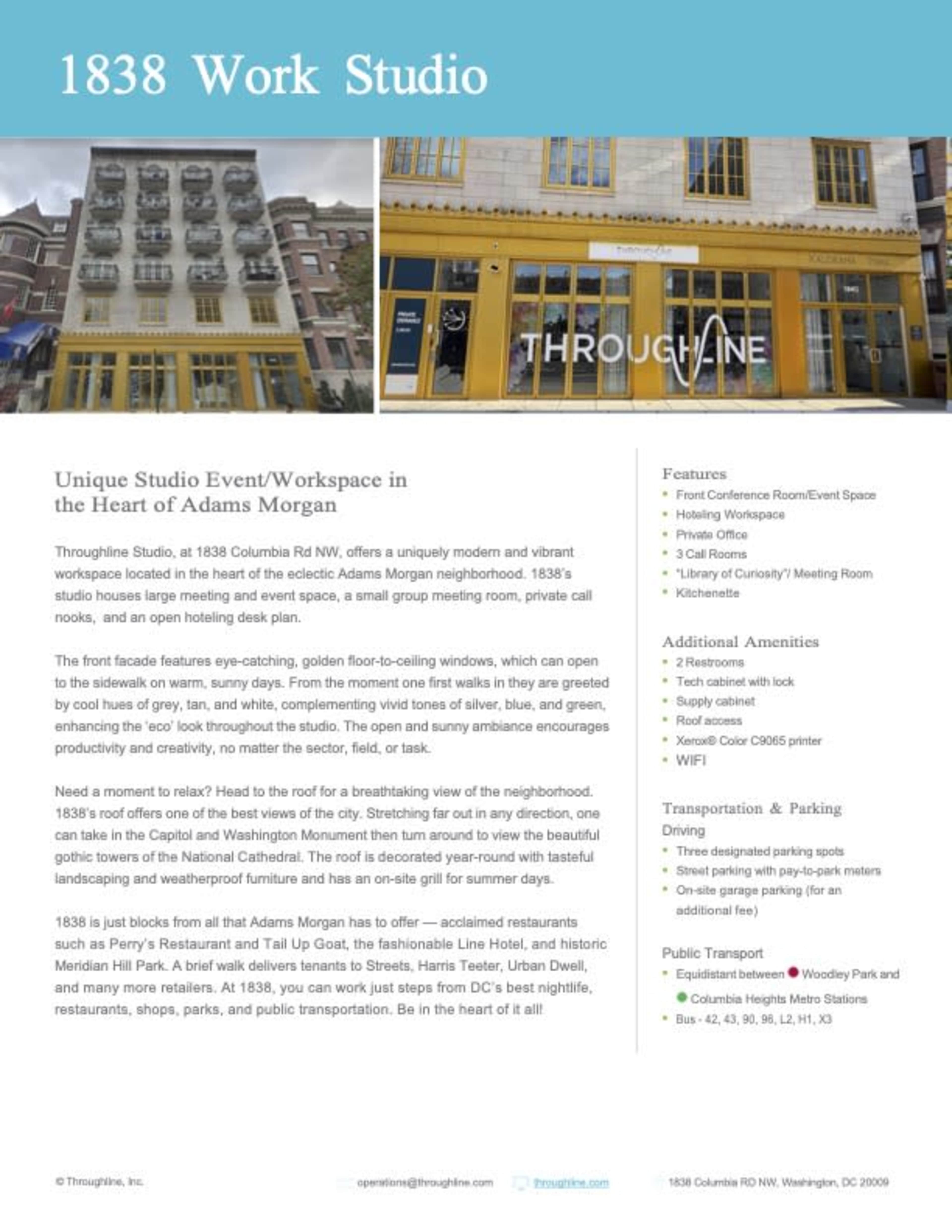 The image features a promotional flyer for the 1838 Work Studio, highlighting its unique studio event and workspace in Adams Morgan, Washington, D.C.