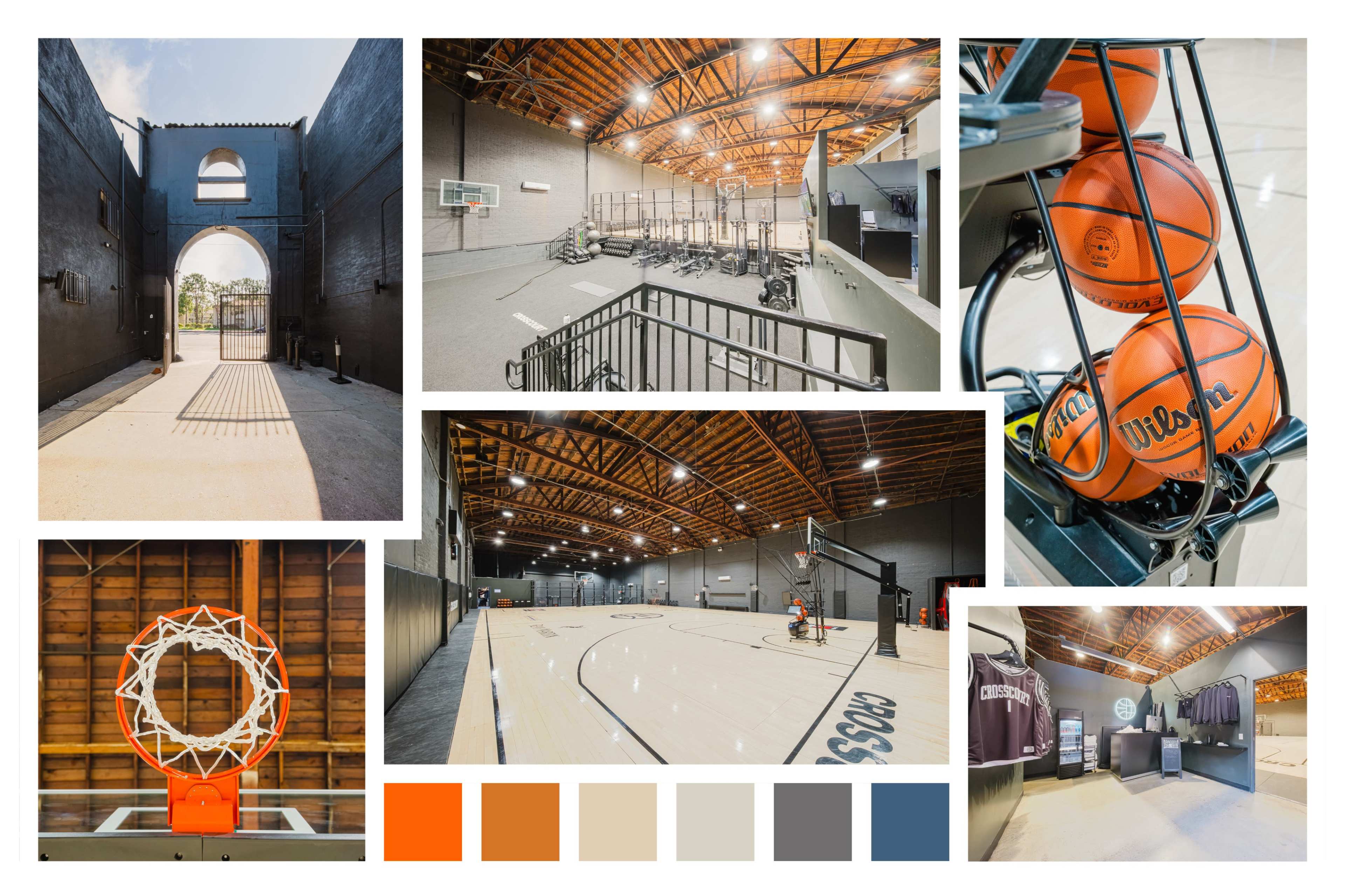 The image displays a modern indoor basketball facility featuring various sections, including courts, equipment, and a seating area.