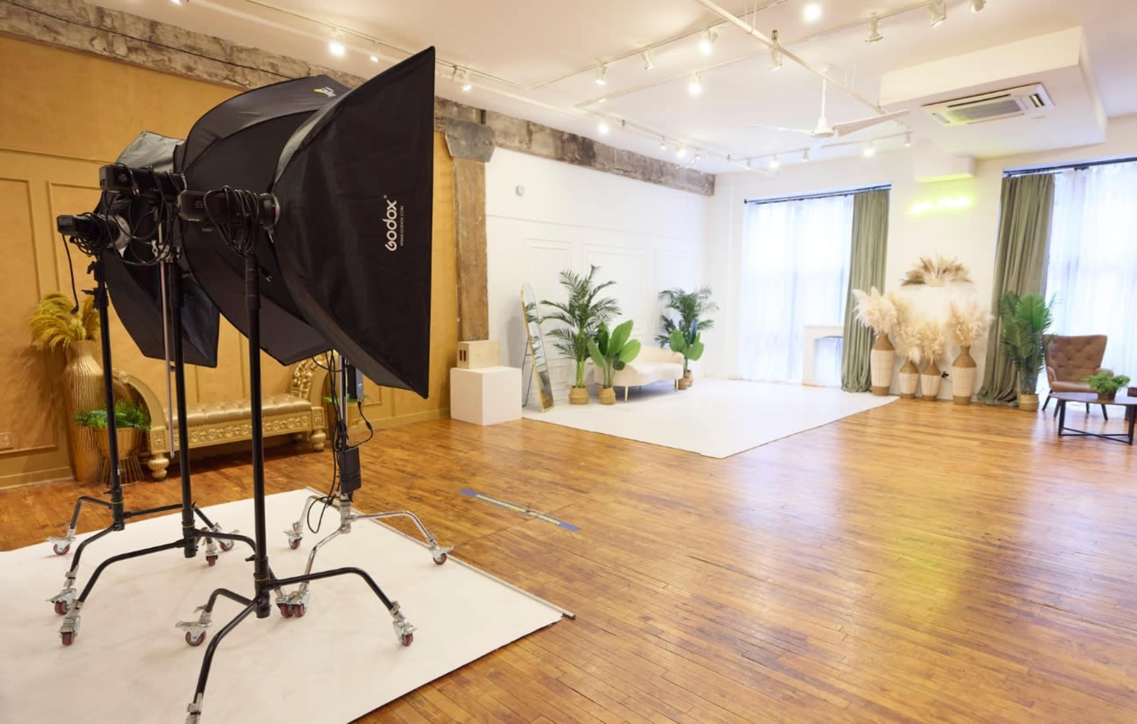 The image shows a bright, spacious photography studio with soft light equipment, wooden floors, and decorative plants.