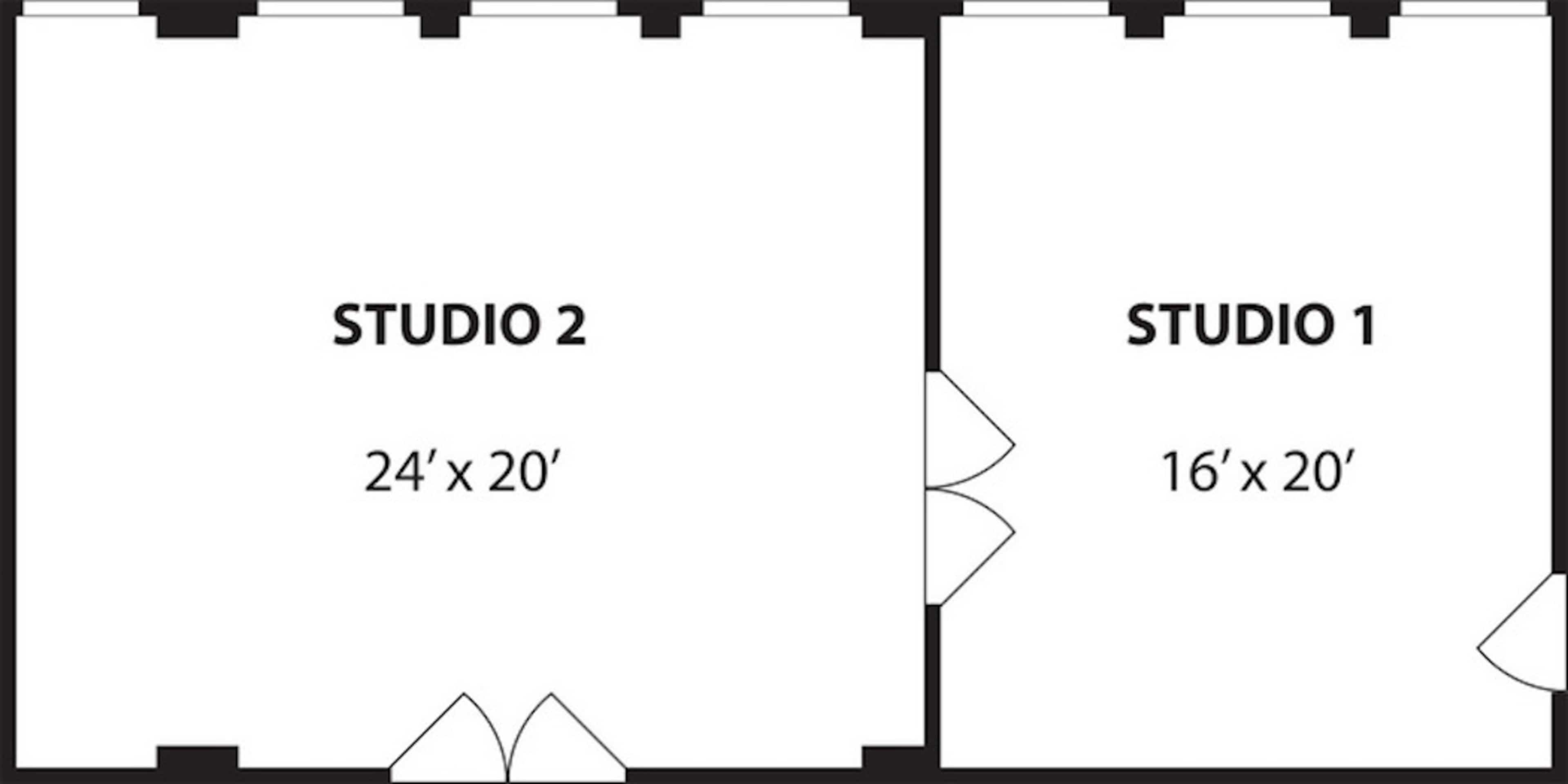 The image shows a floor plan with two labeled studio spaces: Studio 1 measuring 16' x 20' and Studio 2 measuring 24' x 20'.