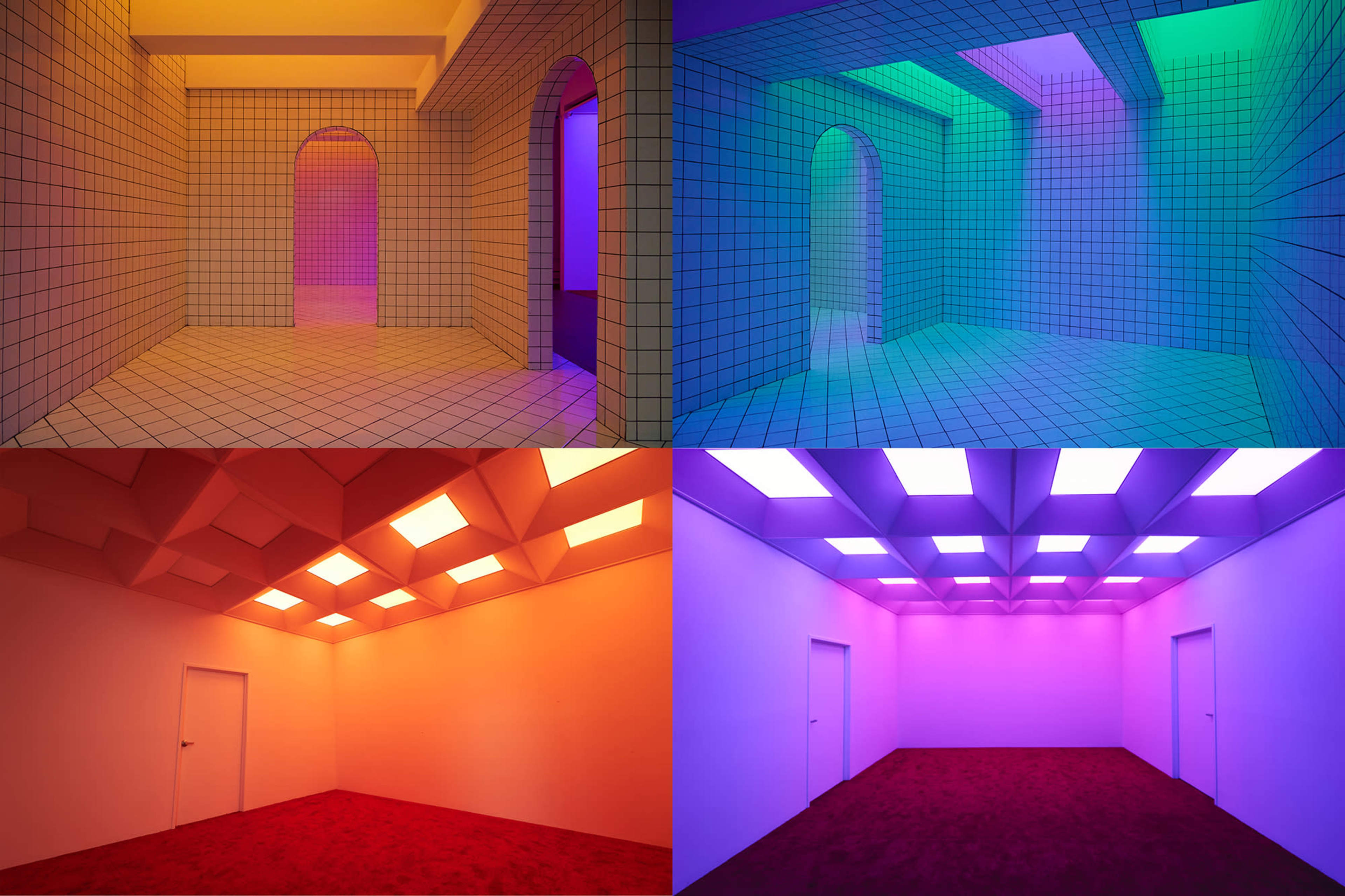 The image features four distinct rooms, each with varying colored lighting and geometric patterns on the walls and ceilings.