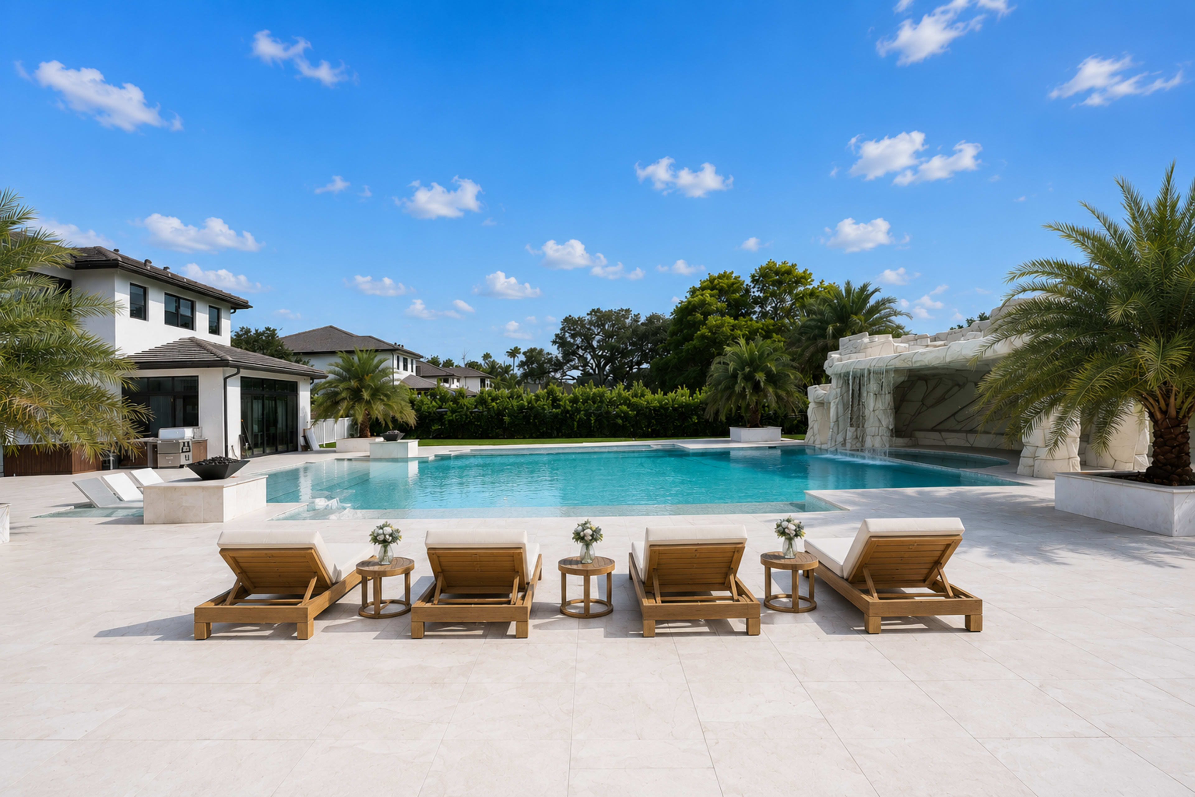 The image shows a modern outdoor pool area with lounge chairs arranged by the water and palm trees surrounding the space.