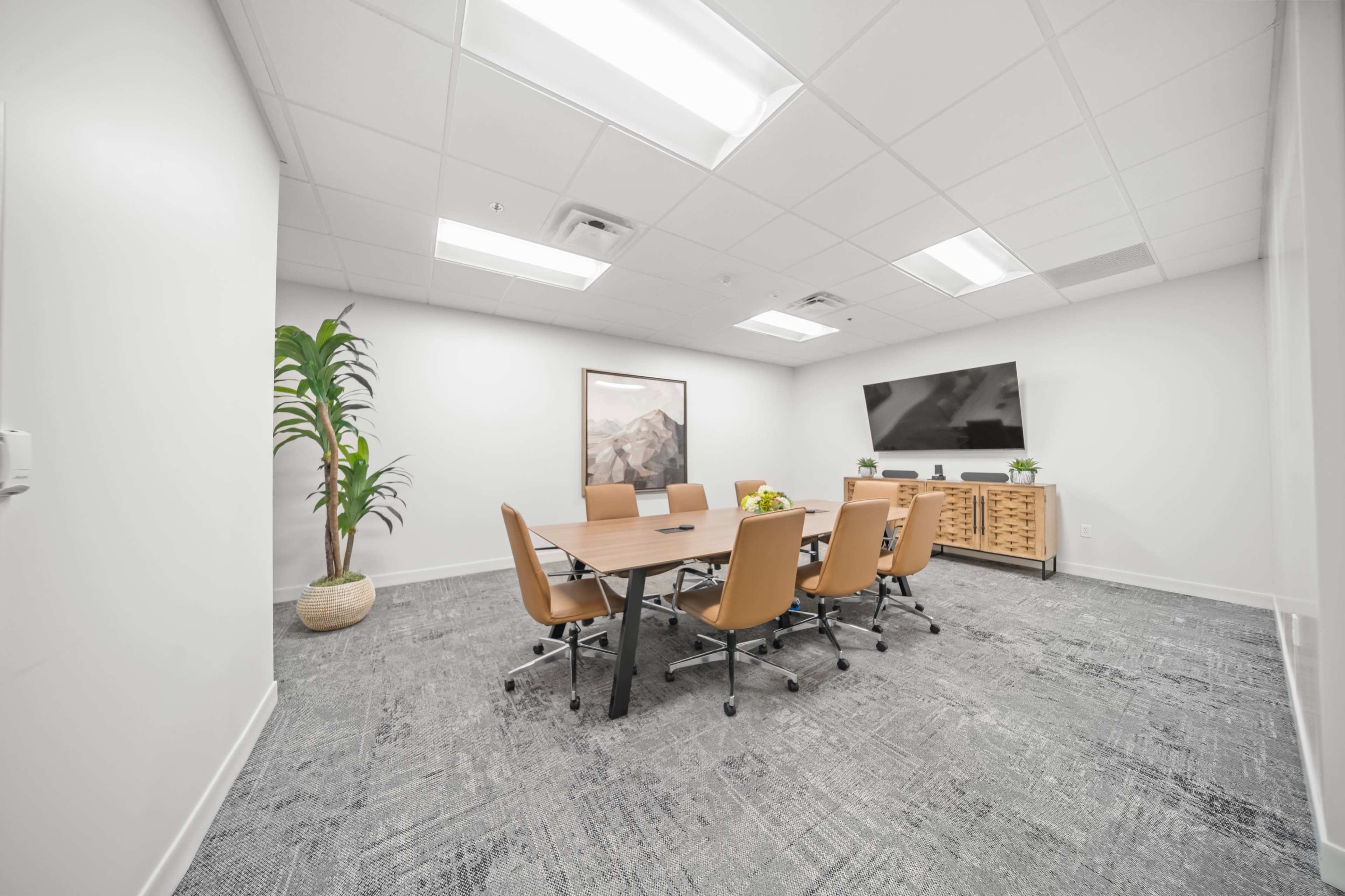 A conference room features a rectangular table surrounded by orange chairs, with a television mounted on the wall and a large plant in a corner.
