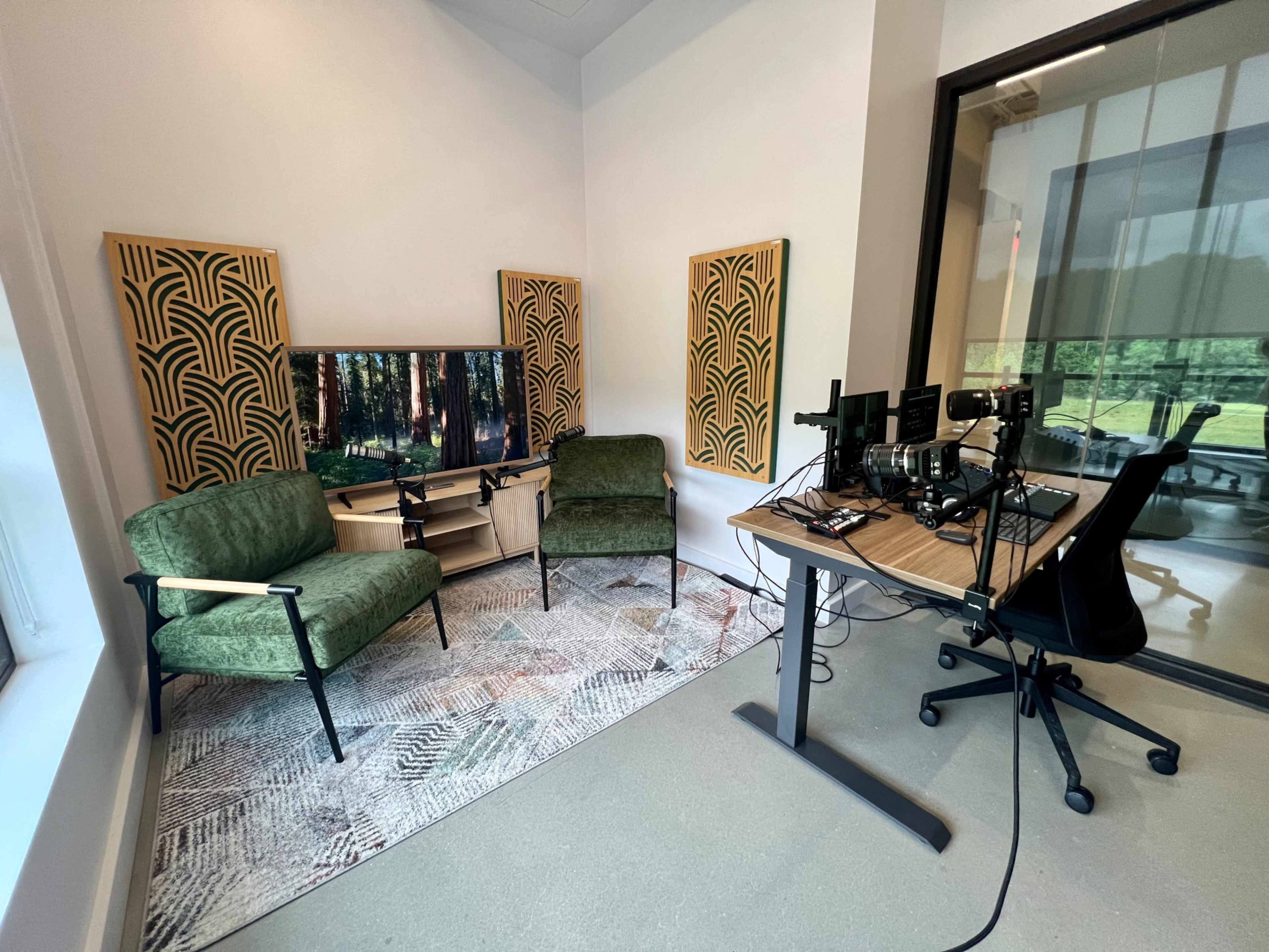 The image shows a small room equipped with two green chairs, a wooden table with cameras, and a television displaying a forest scene.