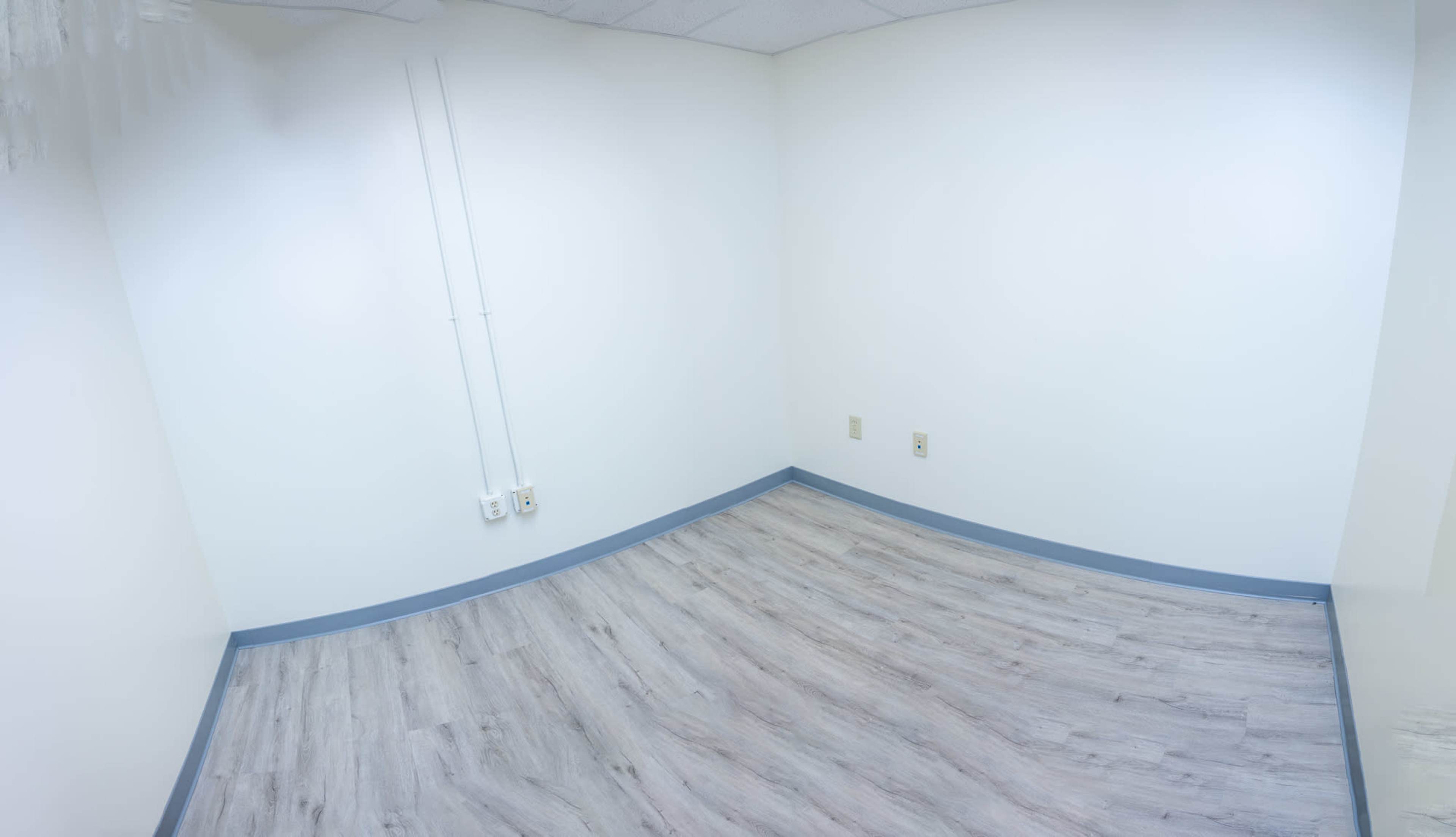 An empty room with white walls, a light wood floor, and blue baseboards.