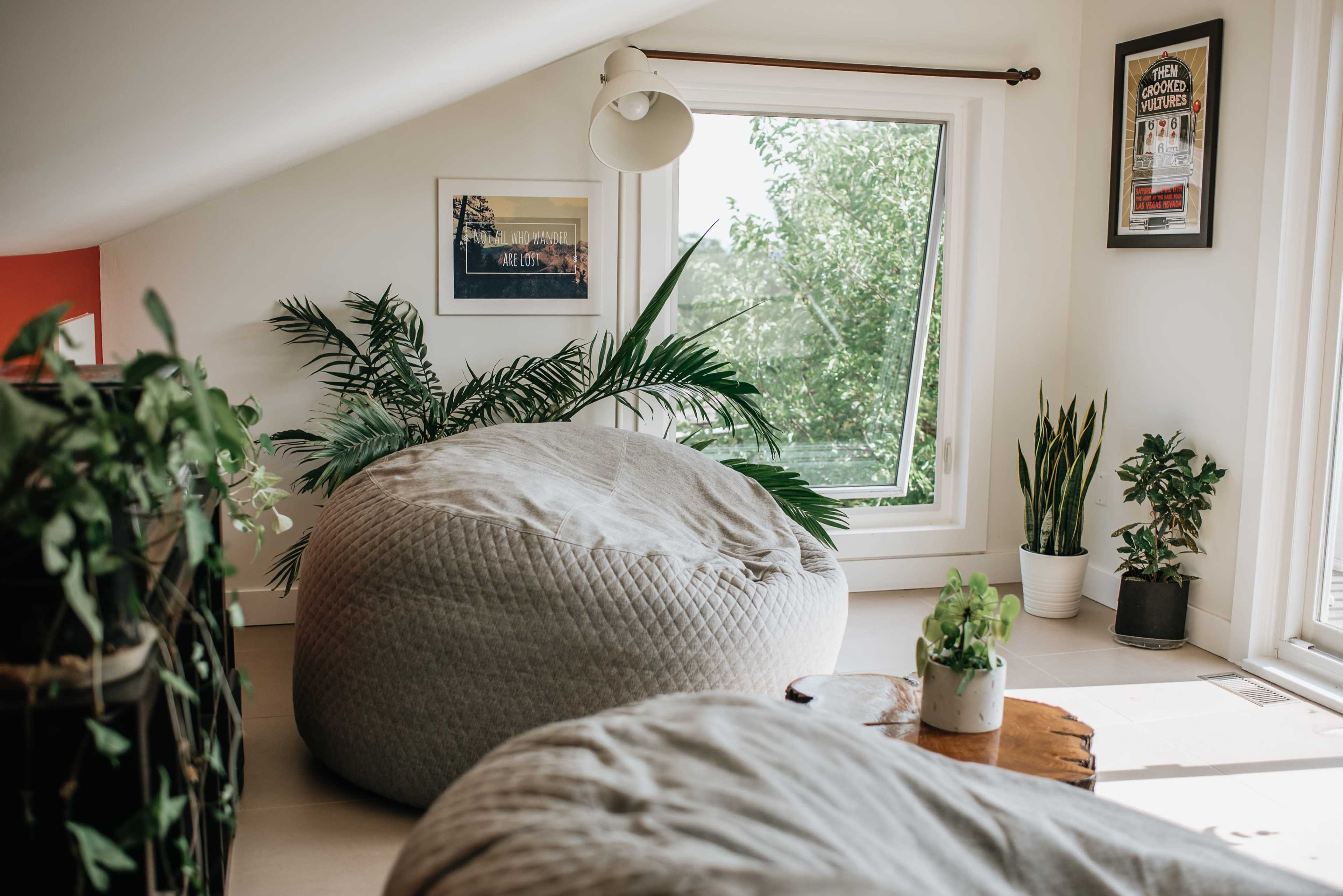 The room features two large bean bags, indoor plants, and a window that offers a view of greenery outside.