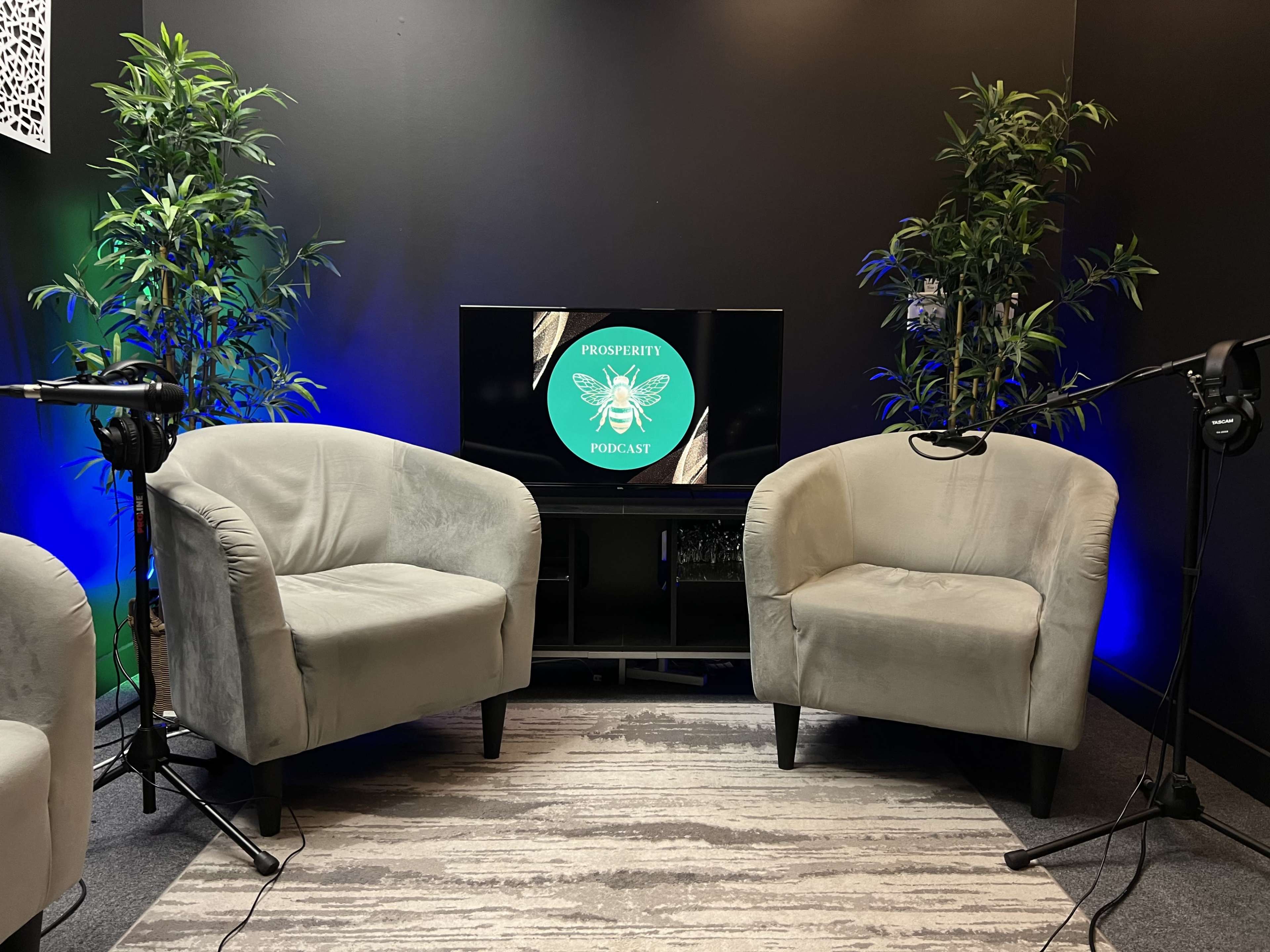 The image shows a podcast studio featuring two light-colored armchairs, two microphones on stands, and a television displaying the logo for a podcast called "Prosperity Podcast," set against a dark wall with potted plants.