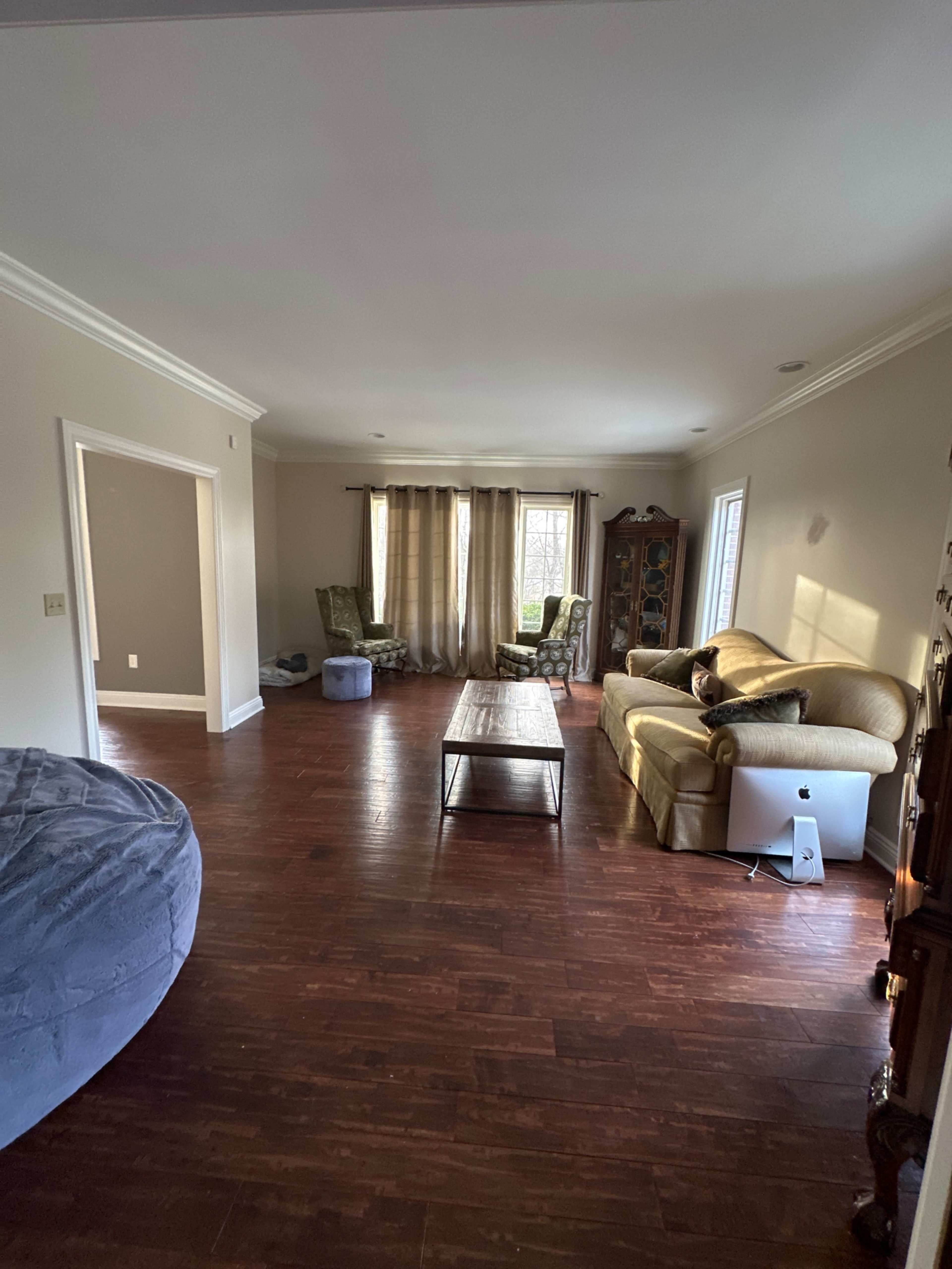 The room features a sofa, a coffee table, two armchairs, and a beanbag, illuminated by natural light through curtains.