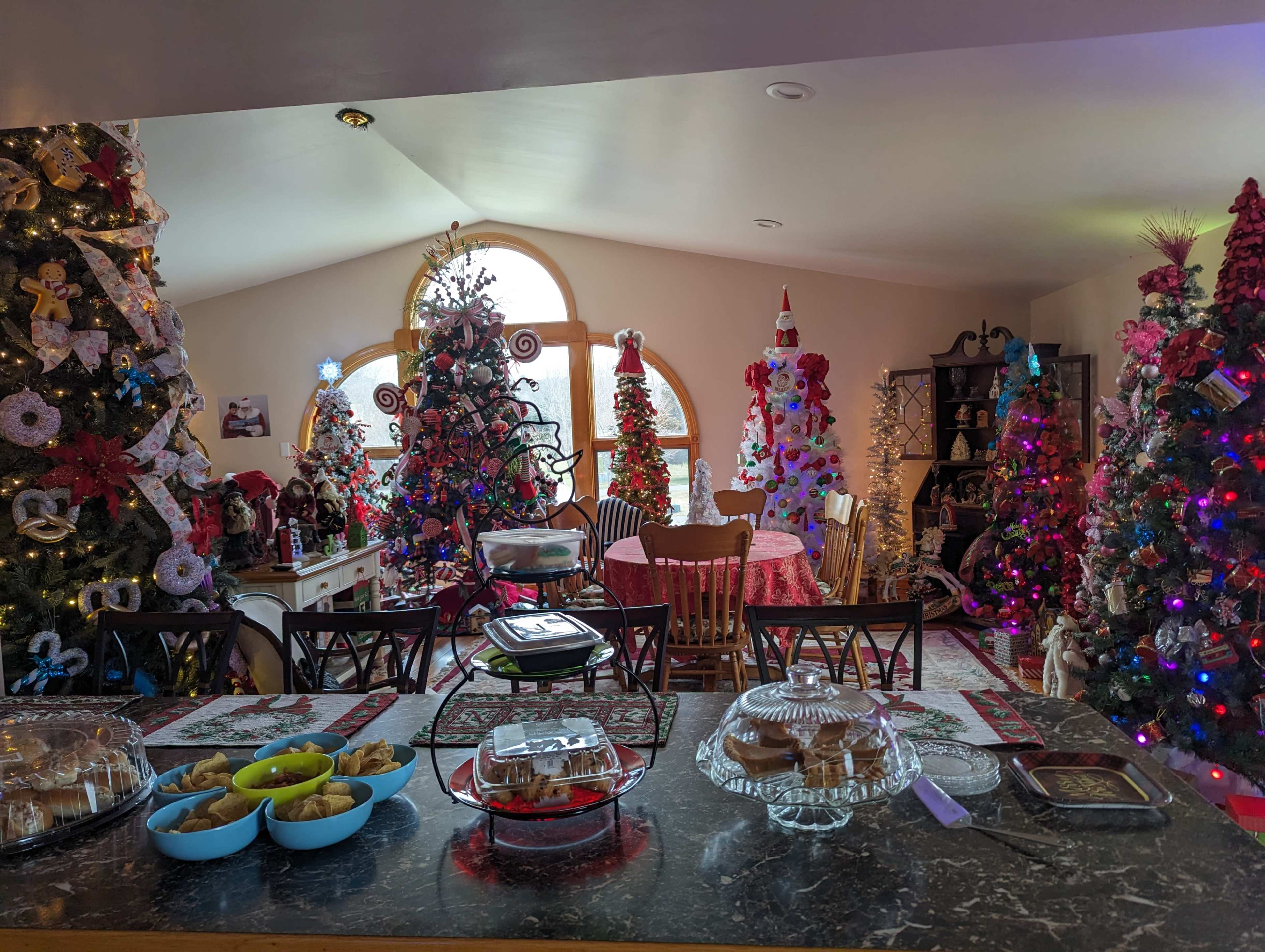A festive room filled with multiple decorated Christmas trees and a table laid out with various dishes and snacks.
