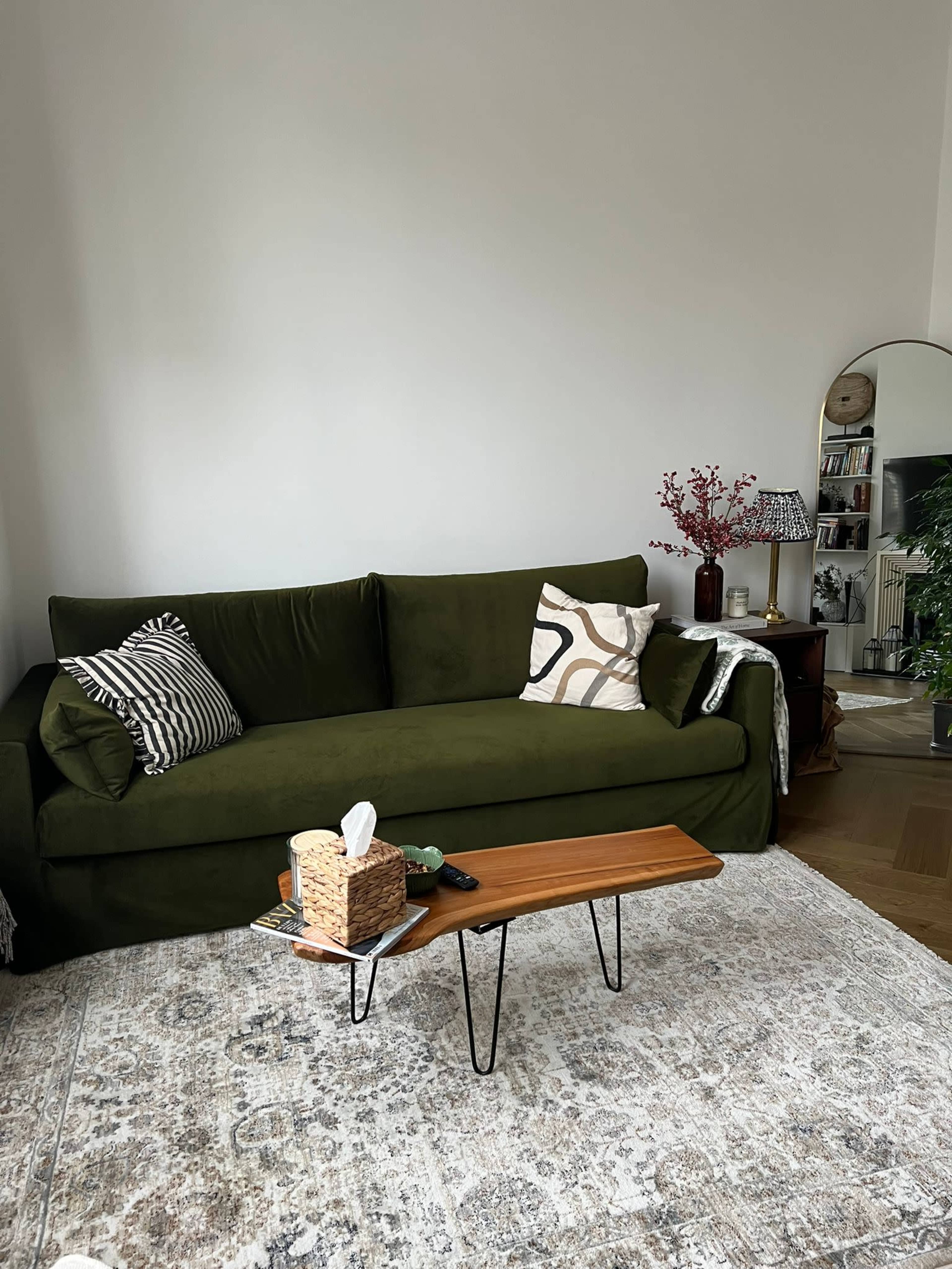 The image shows a cozy living room featuring a dark green couch, a wooden coffee table with metal legs, and a patterned area rug.
