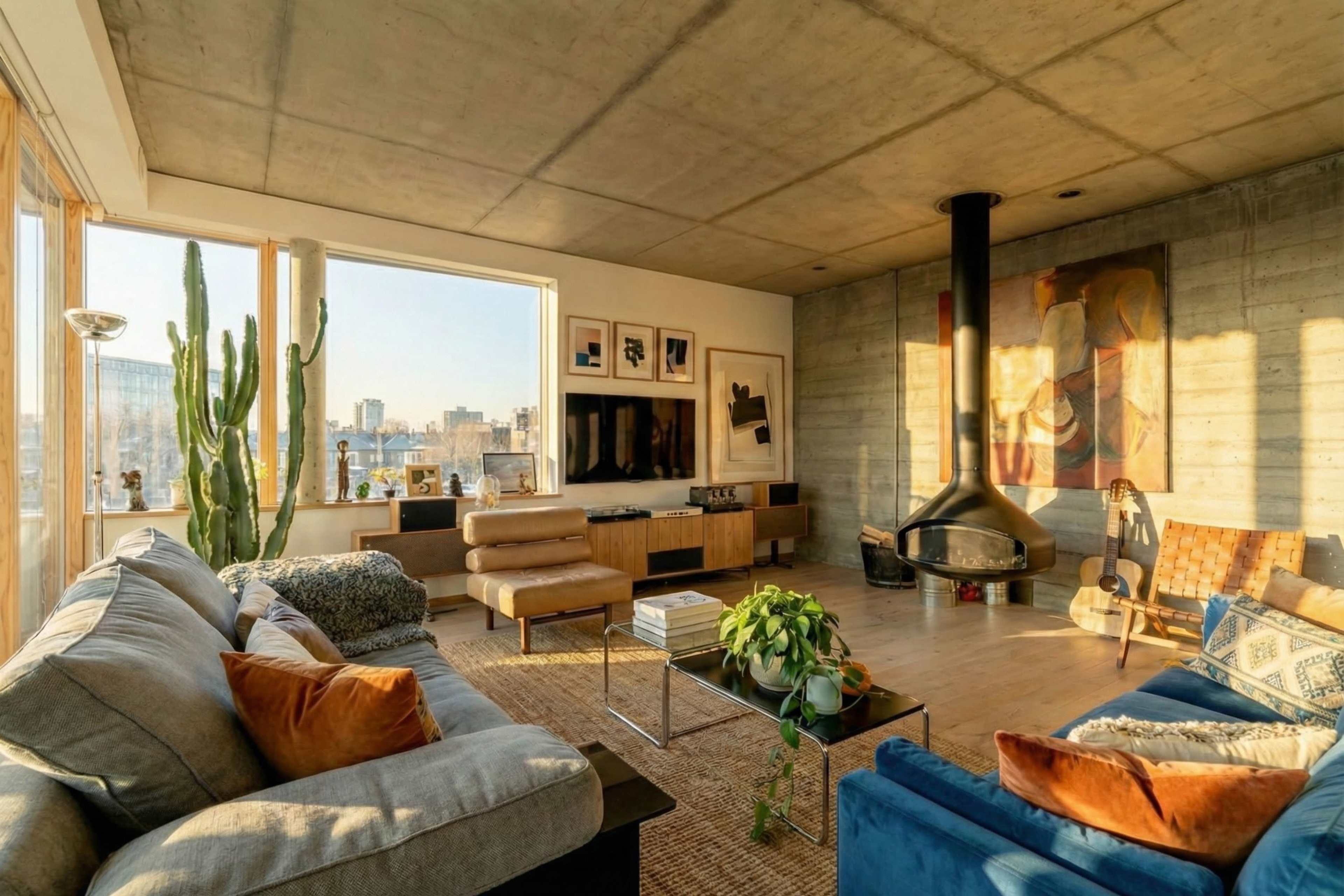 The image shows a modern living room with large windows, a concrete ceiling, minimalistic furniture, a fireplace, and plants, offering a view of the skyline.