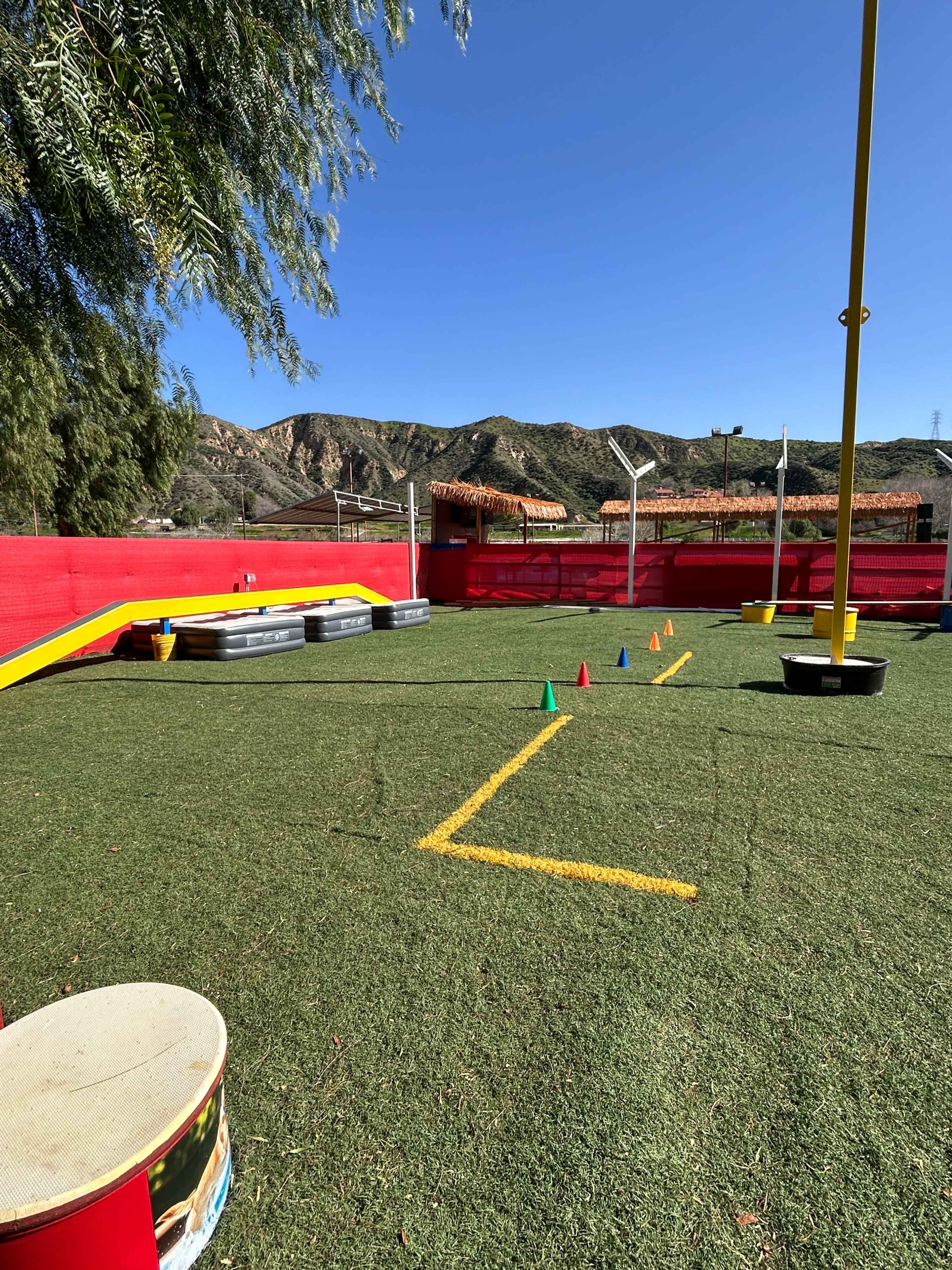 The image shows a fenced outdoor training area with artificial grass, cones arranged in a line, and various obstacles, set against a backdrop of mountains and clear blue sky.