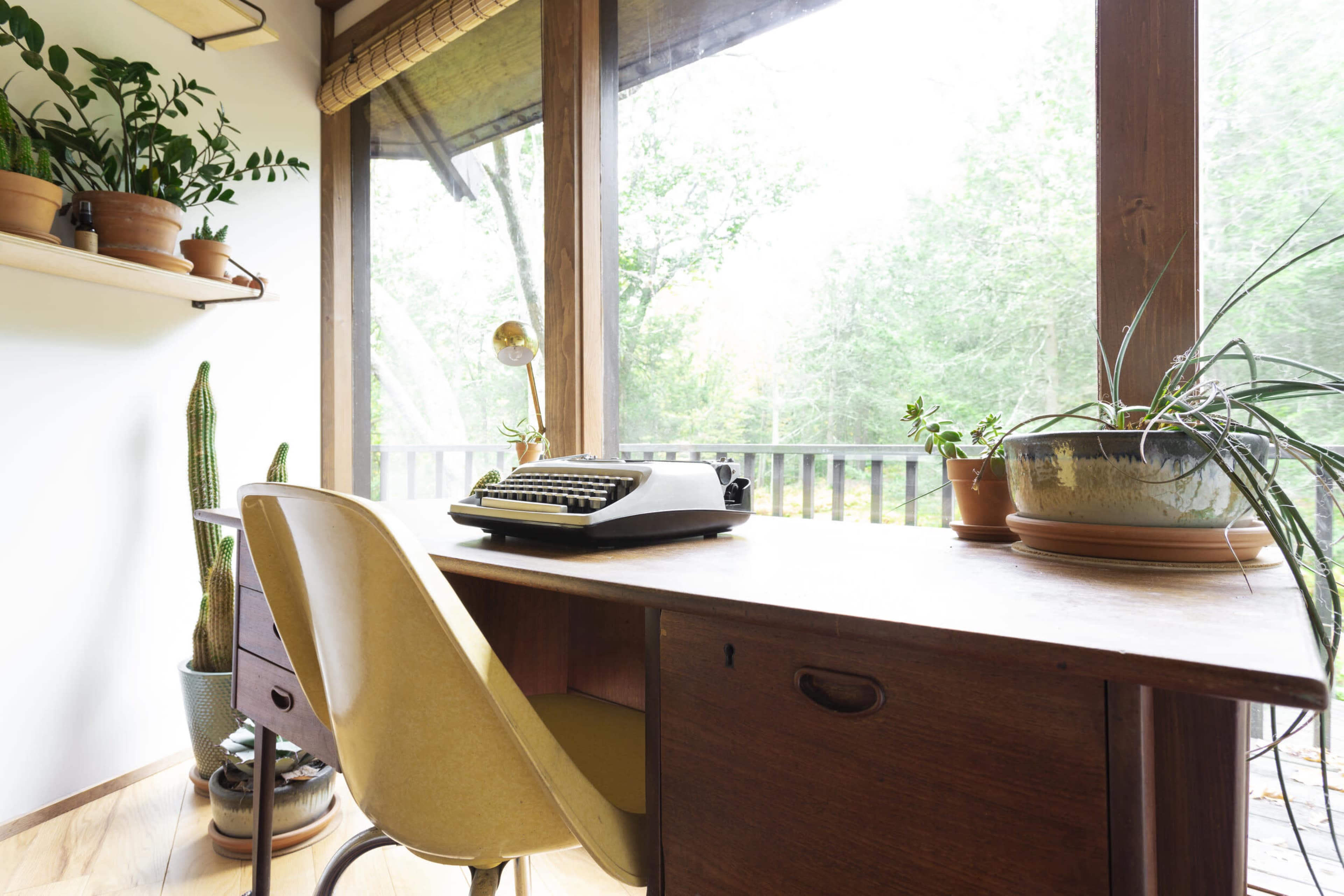 A wooden desk with a typewriter and a yellow chair is positioned beside large windows filled with greenery and potted plants.