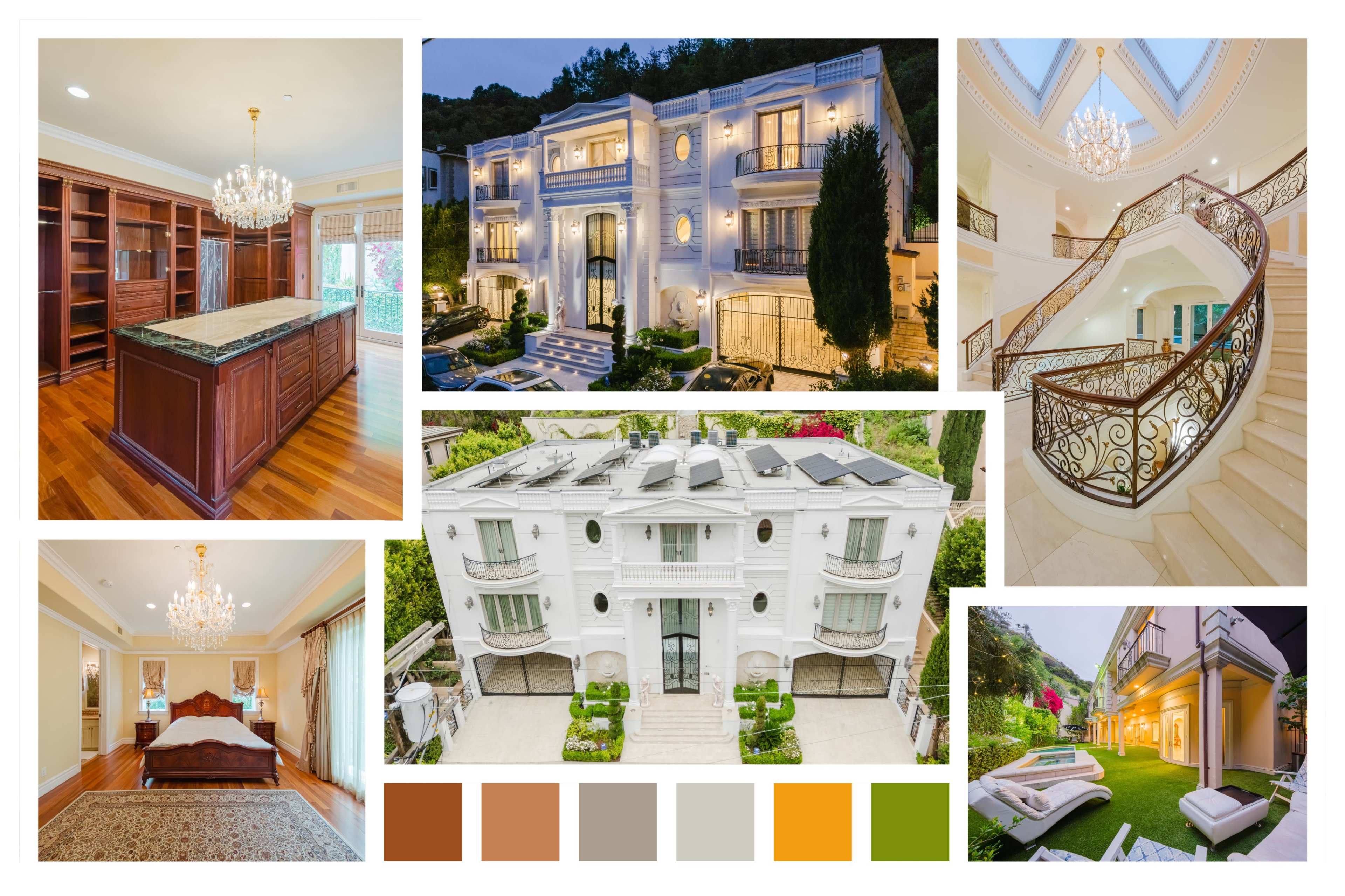 The image showcases an elegant luxury home with a grand staircase, multiple spacious rooms, and an outdoor terrace surrounded by landscaped gardens.