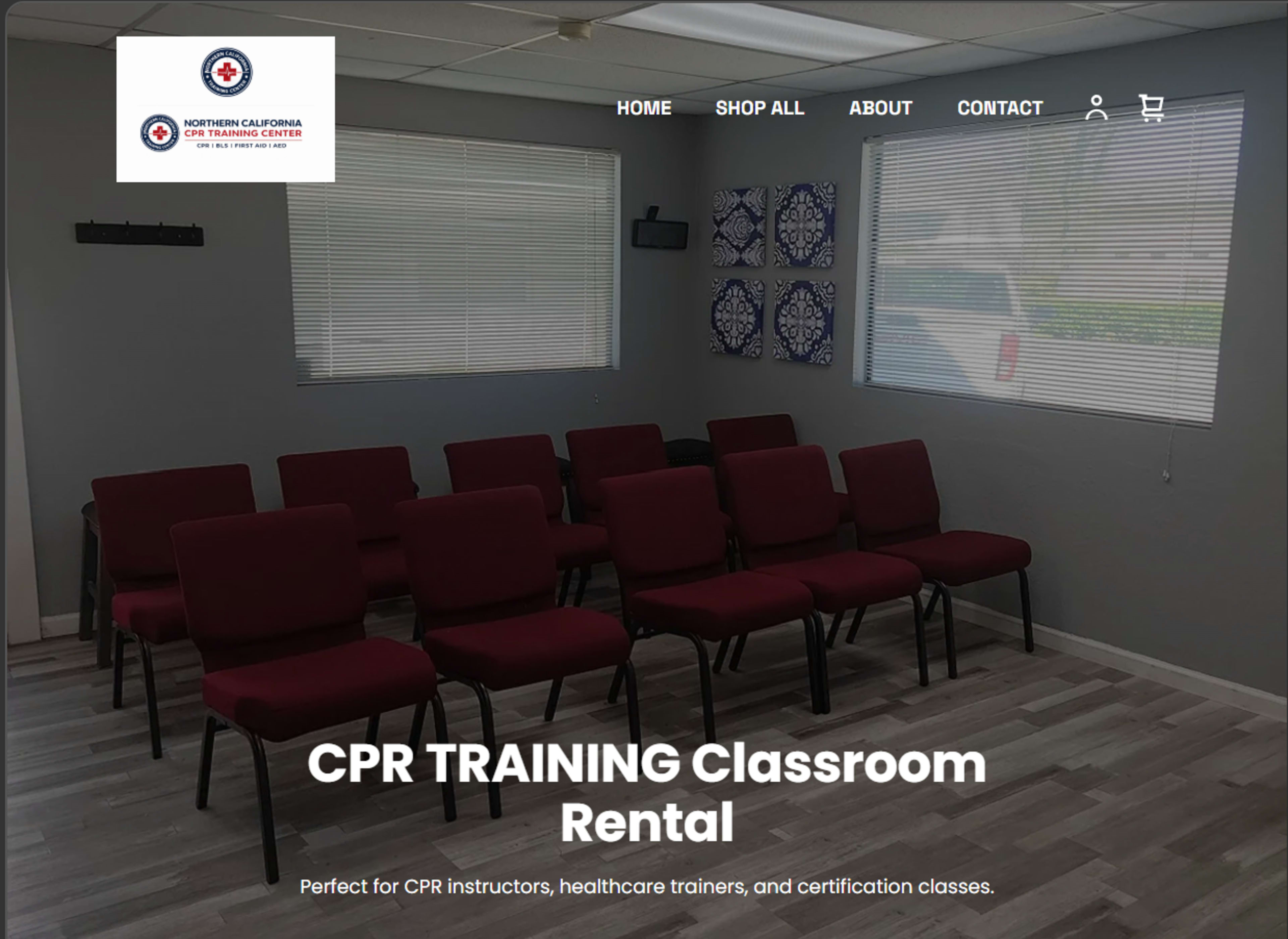 The image shows a classroom setup with several red chairs arranged in rows, likely intended for CPR training sessions.