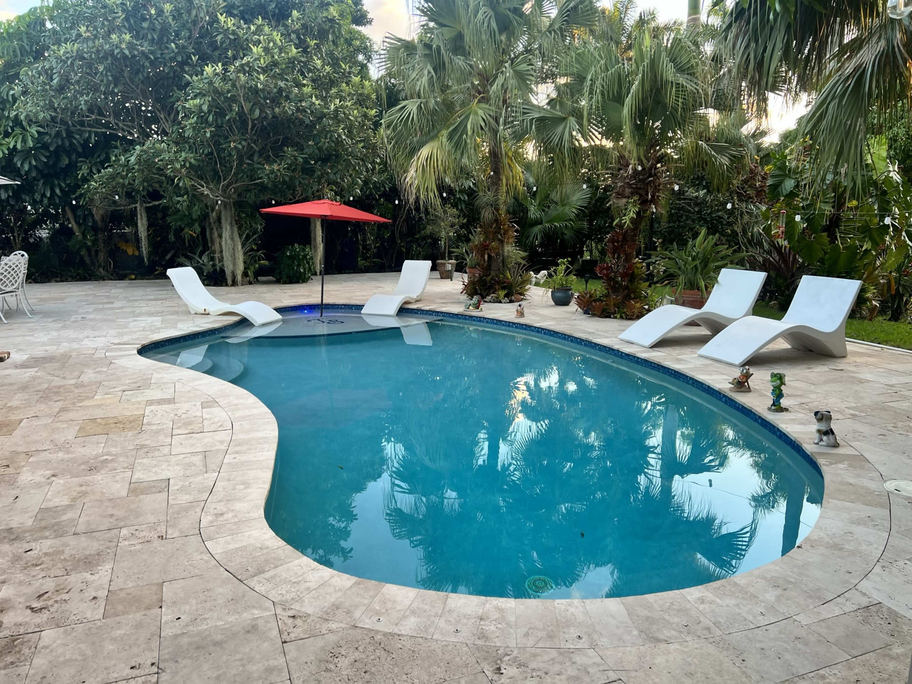 An outdoor swimming pool is surrounded by lounge chairs and palm trees in a tropical setting.