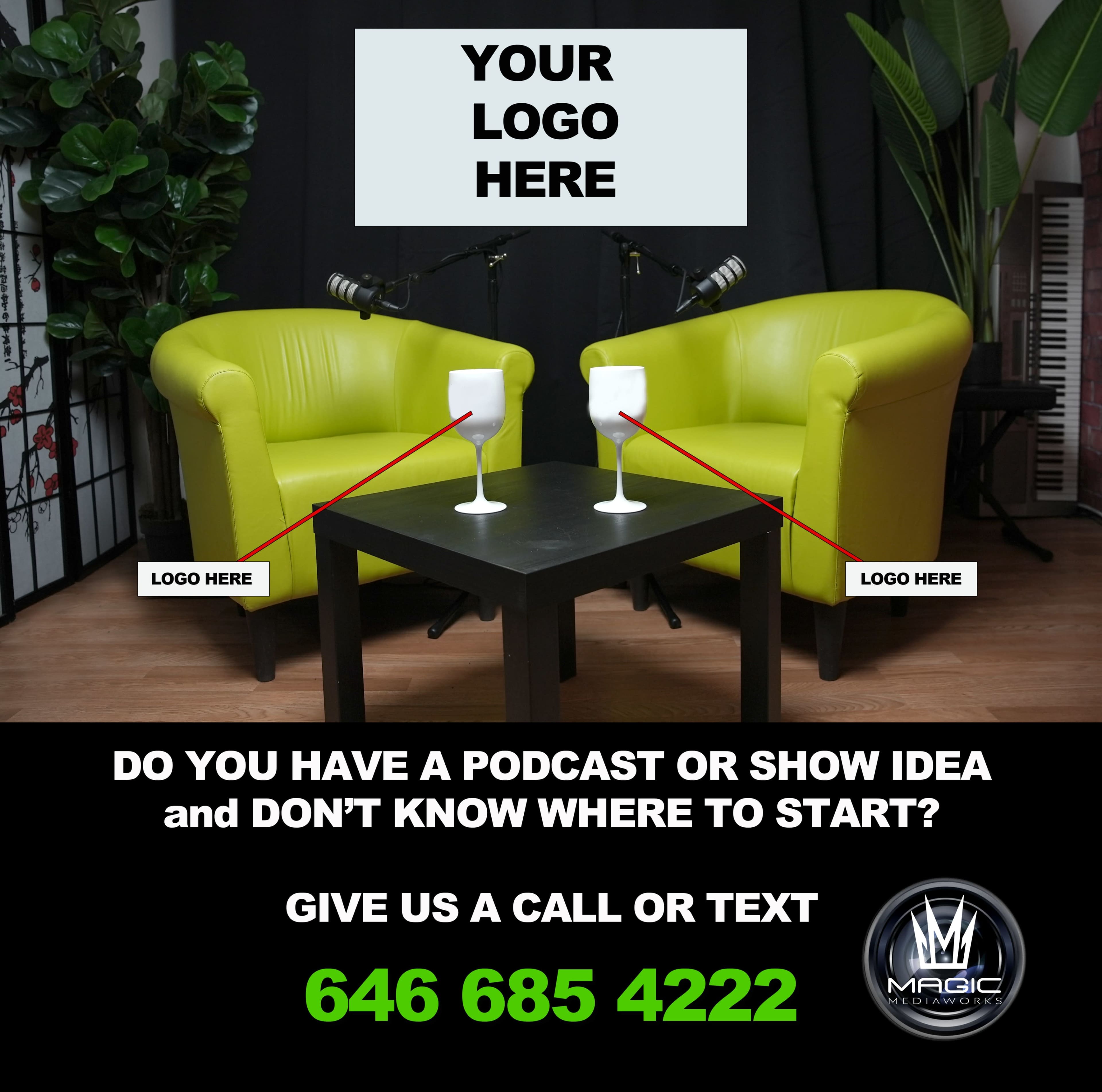 Two green chairs positioned on either side of a small black table, with a backdrop of plants and a wall that includes potential display areas for logos.