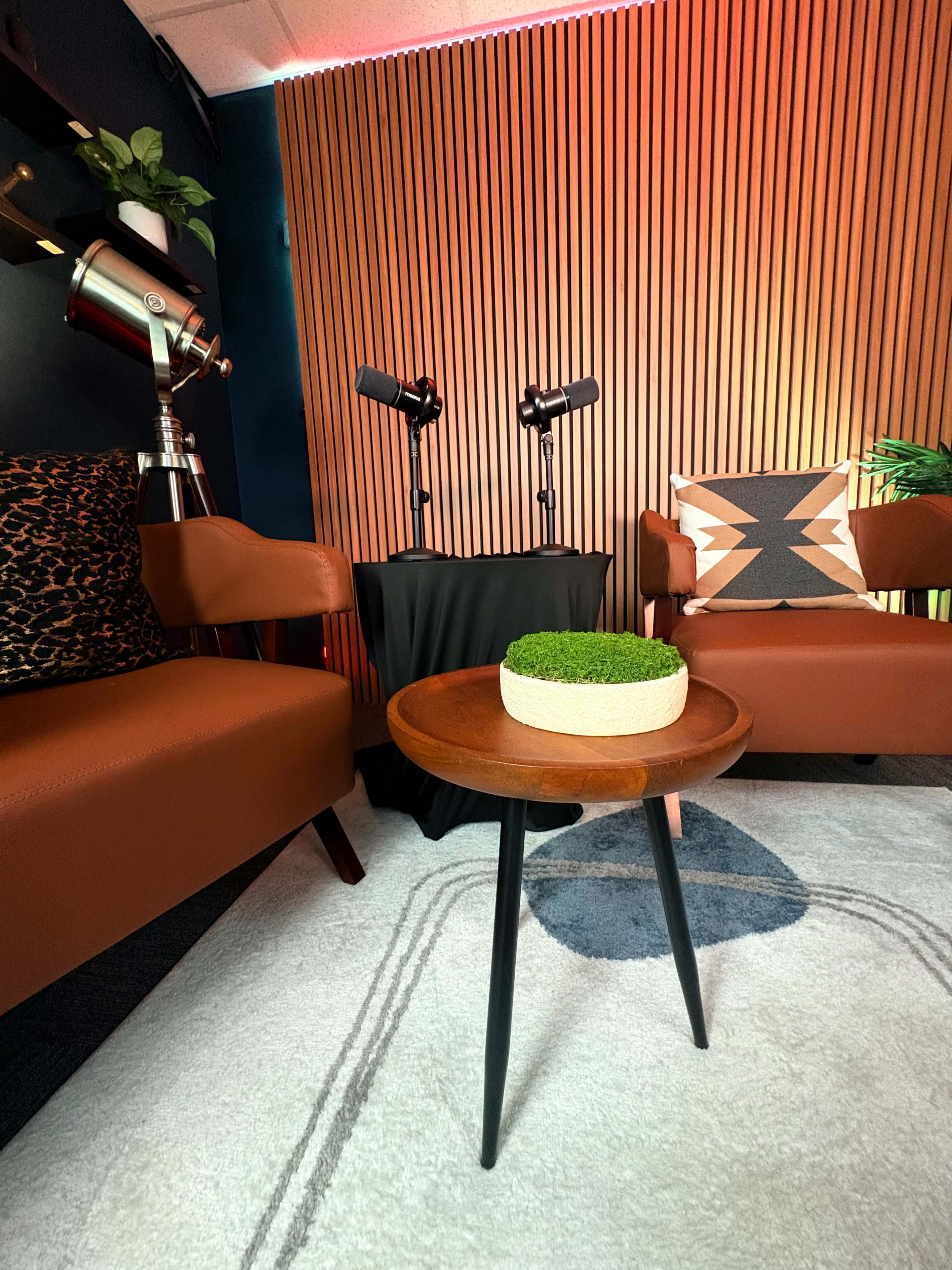 The image shows a cozy indoor setting with two brown leather chairs facing a small table topped with a round planter, set against a backdrop of wooden paneling and colorful lighting.