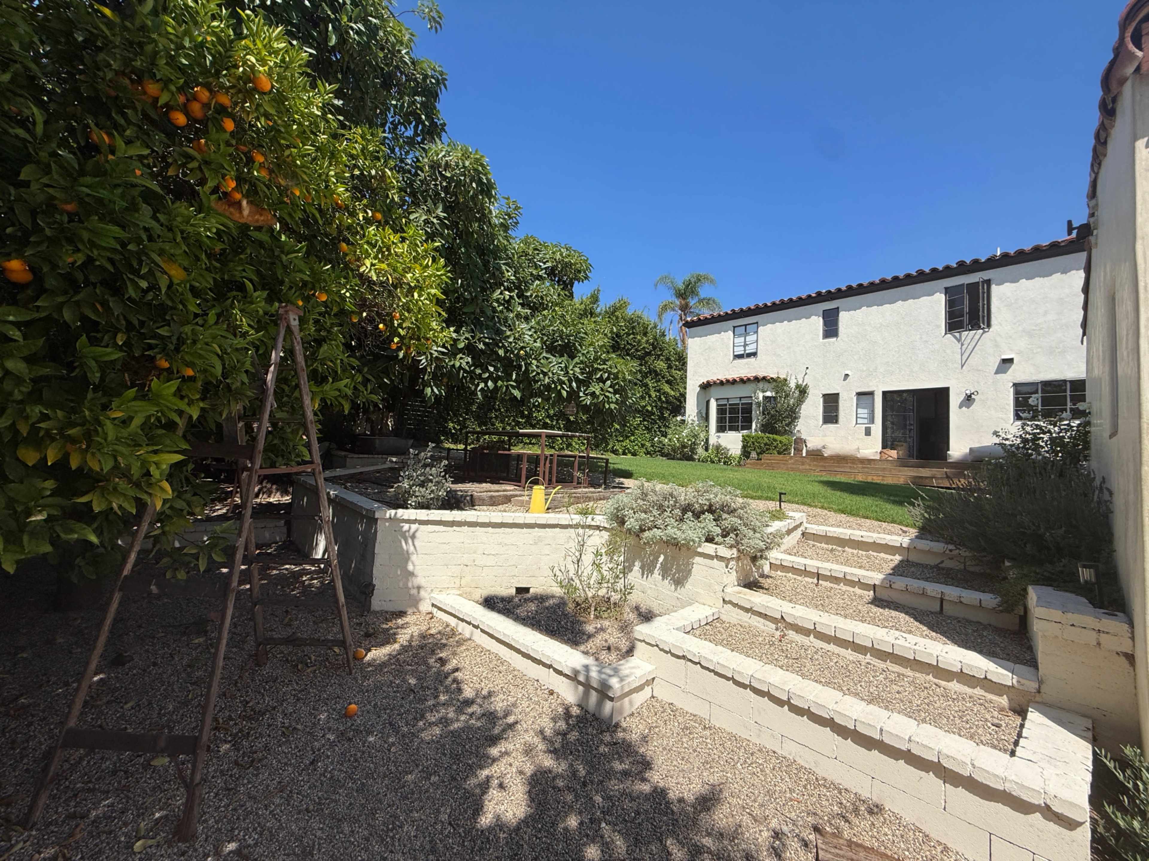 The image shows a landscaped backyard featuring a climbing frame, steps leading up to a white house, and an orange tree on one side.