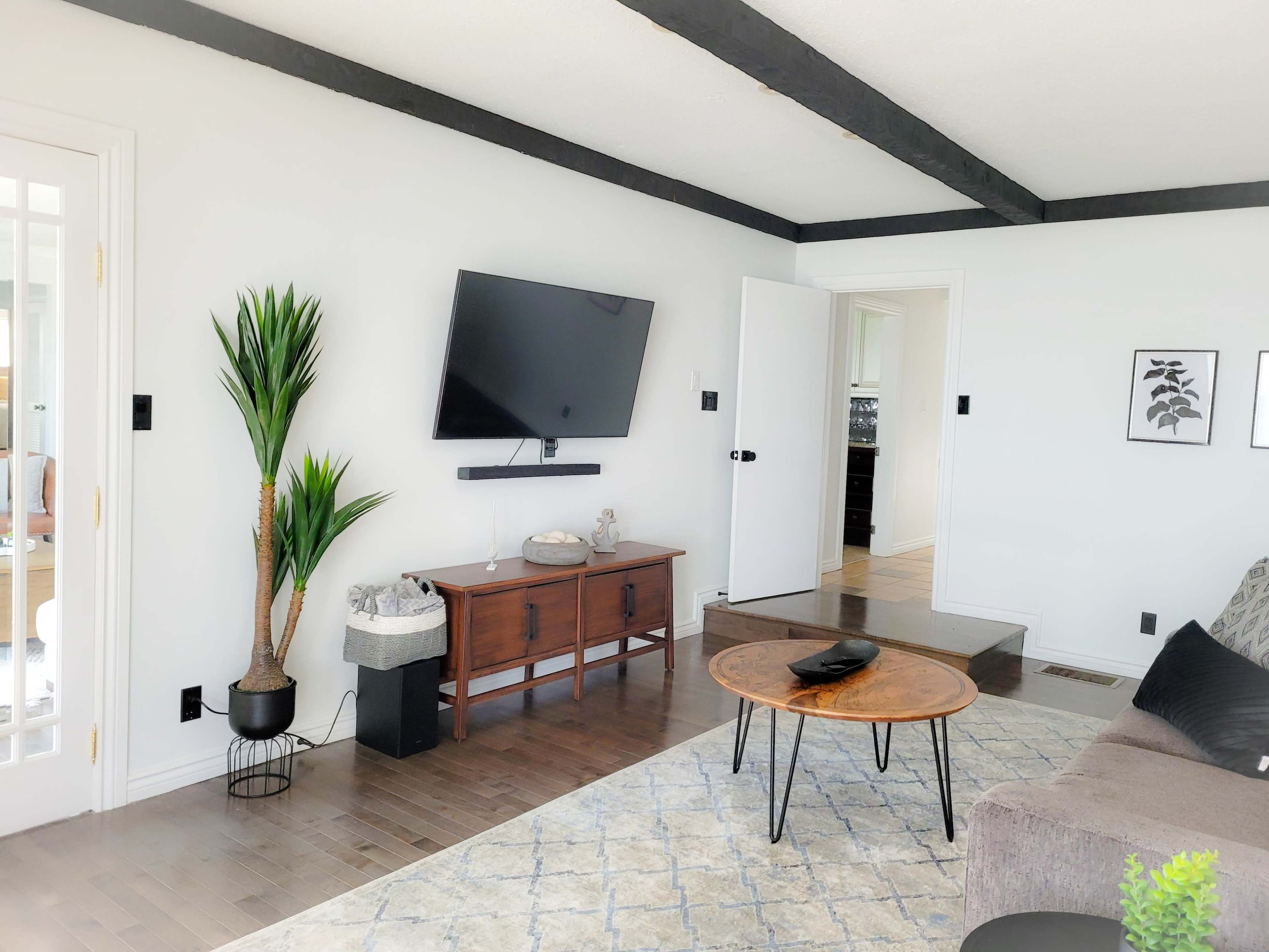 The room features a minimalist design with a television mounted on the wall, a wooden coffee table, a sofa, and a potted plant beside a side table.