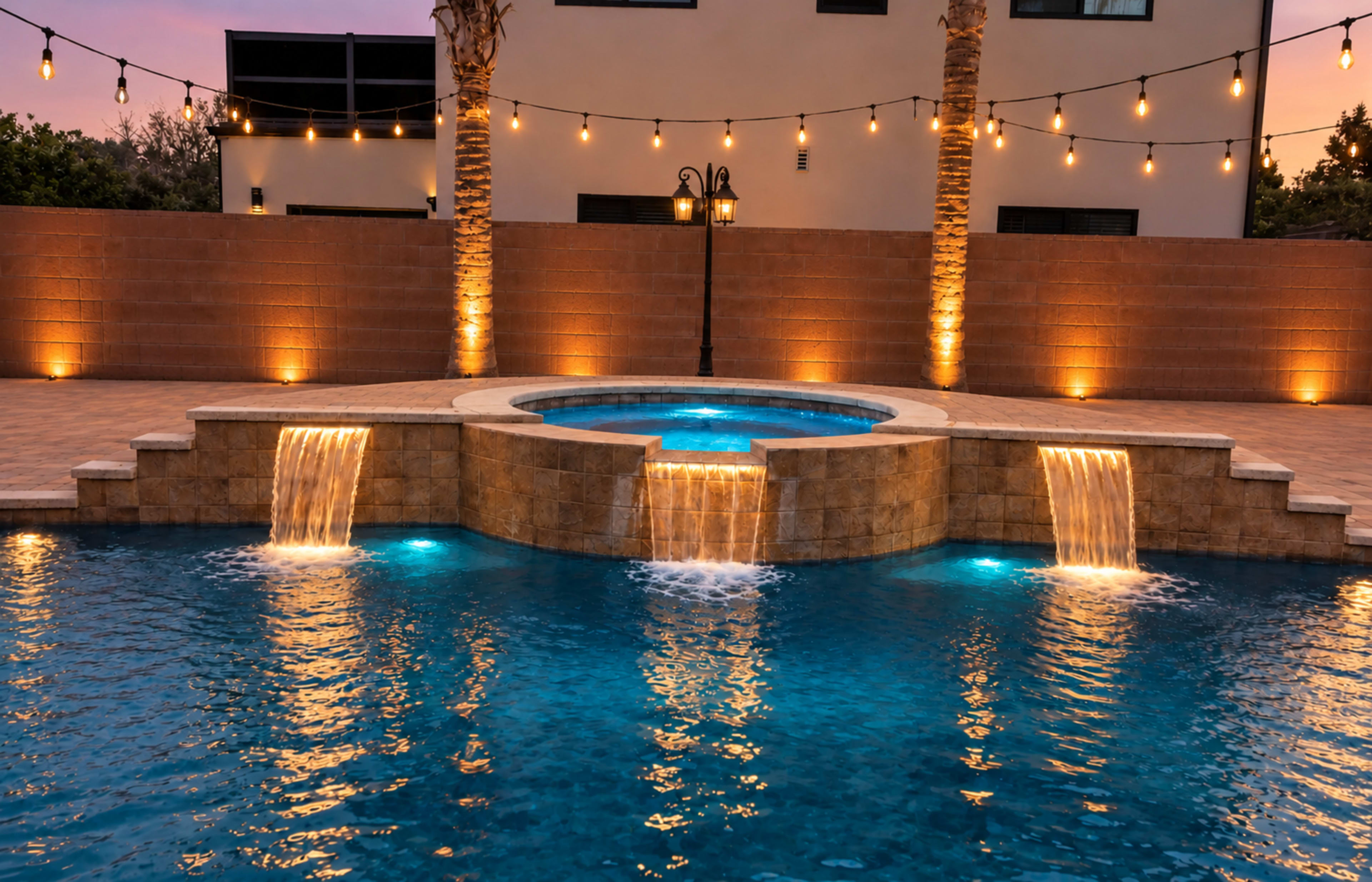 The image shows a well-lit swimming pool with cascading waterfalls and string lights in an outdoor setting.