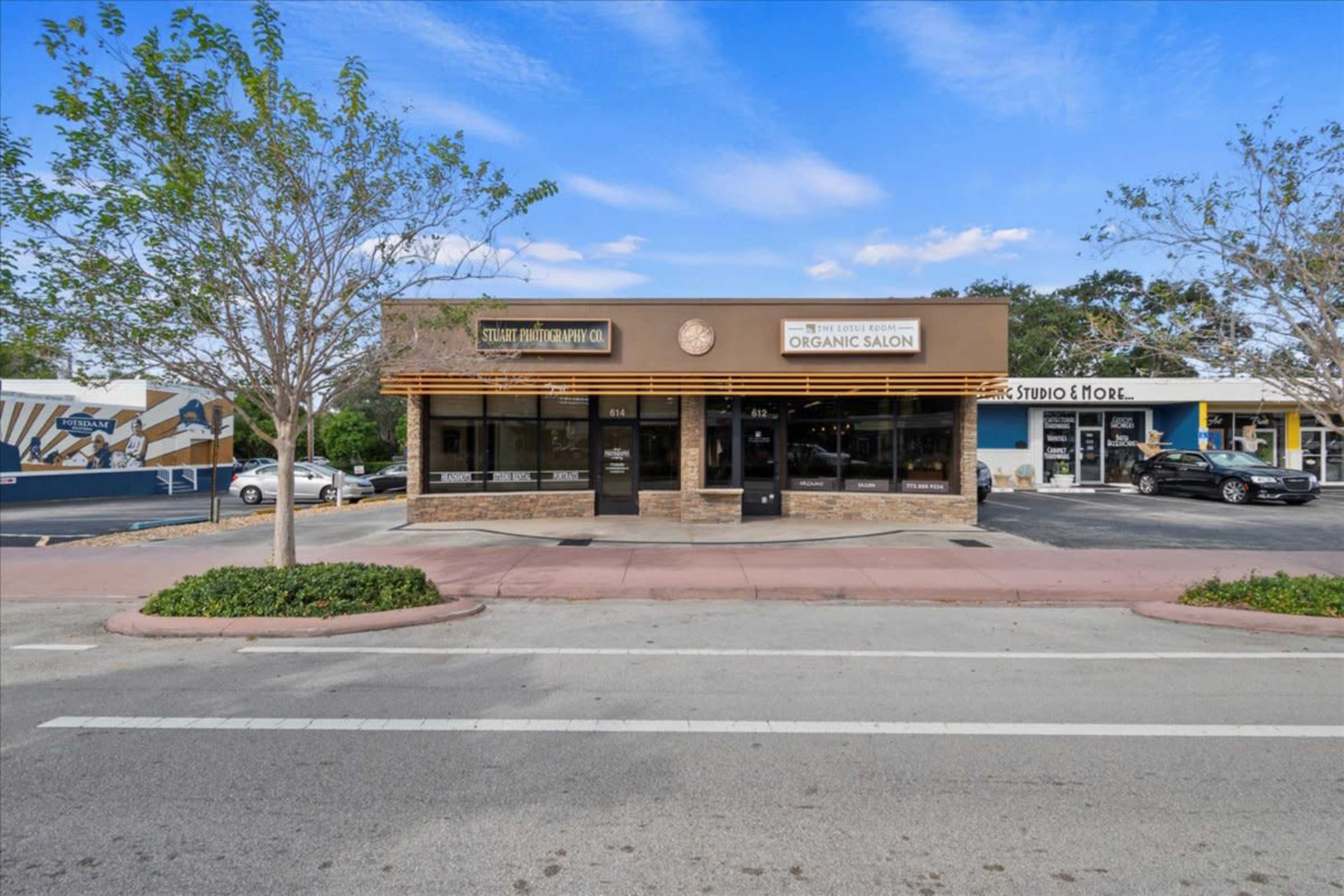A modern storefront labeled "Organic Salon," flanked by two adjacent businesses on a lined street with trees.