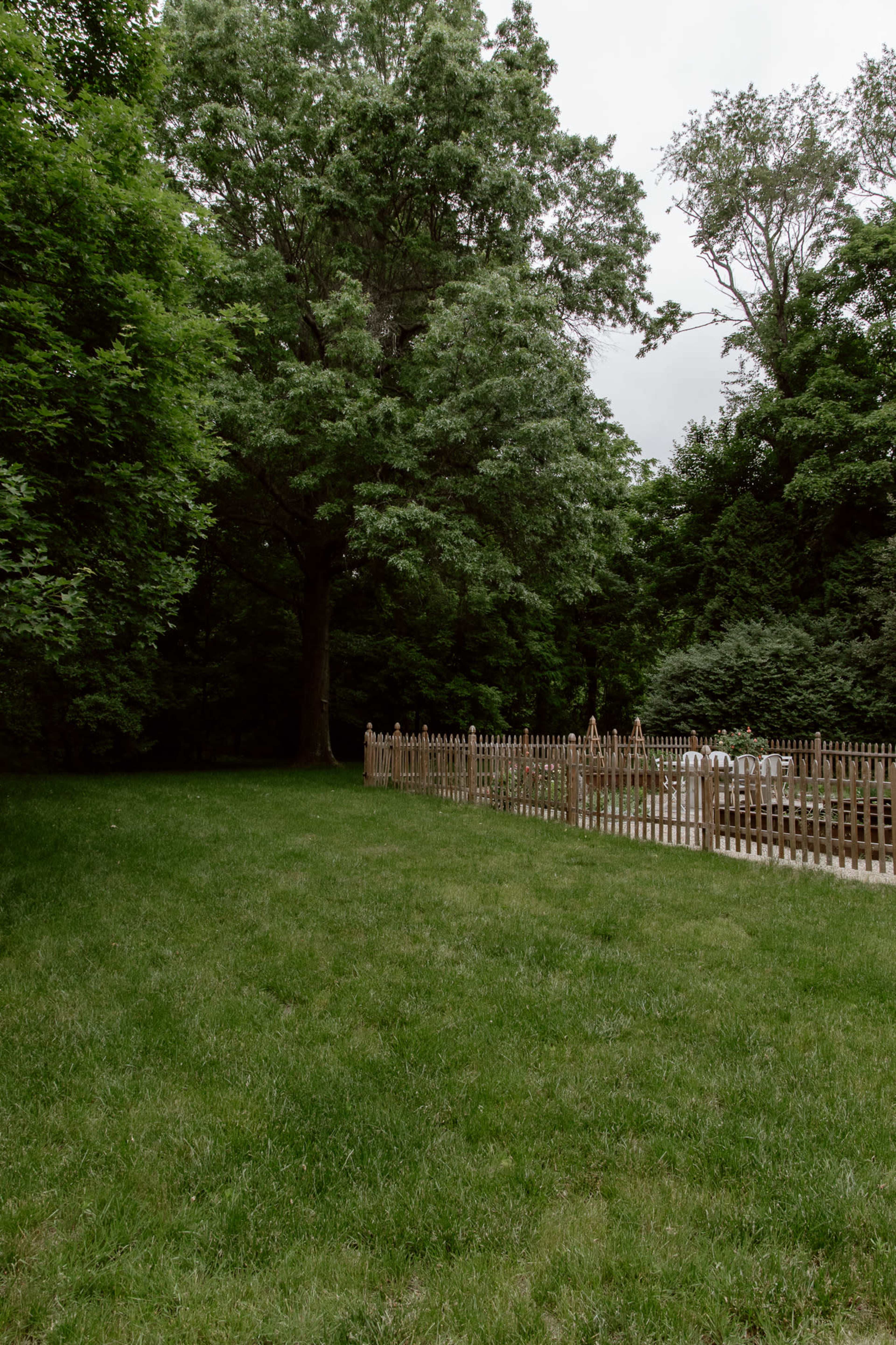 A neatly trimmed lawn bordered by a wooden fence leads into a dense grove of trees.