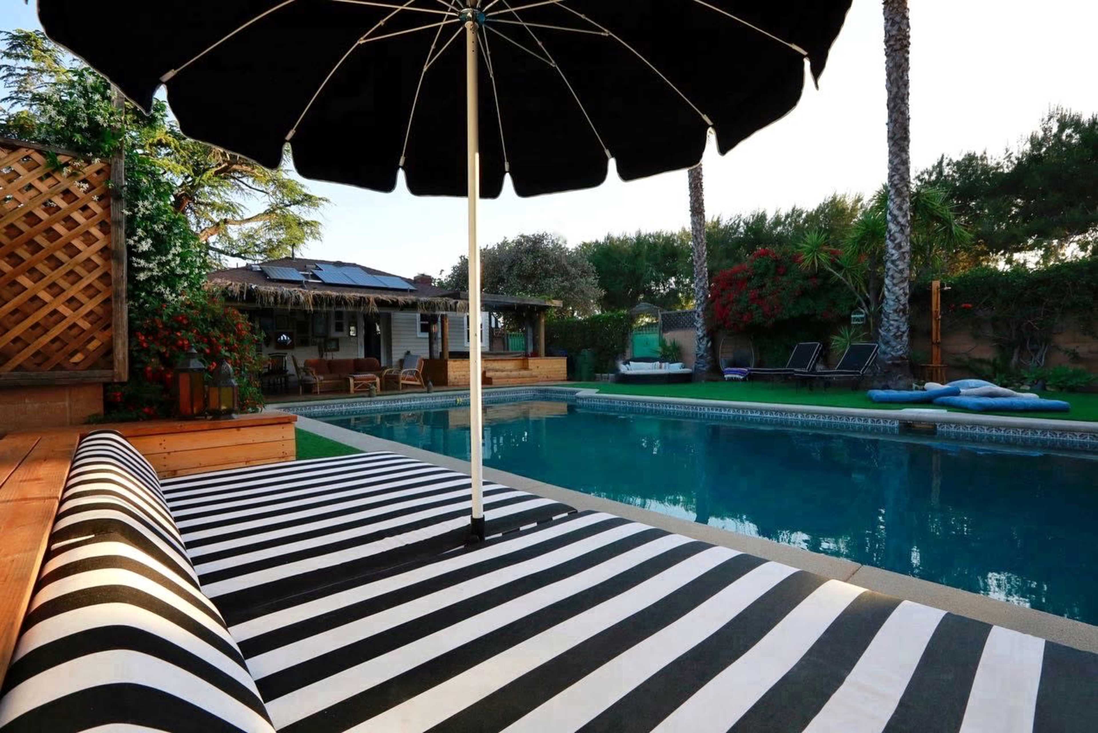 A black and white striped lounge area is positioned beside a swimming pool with a large black umbrella and tropical landscaping in the background.