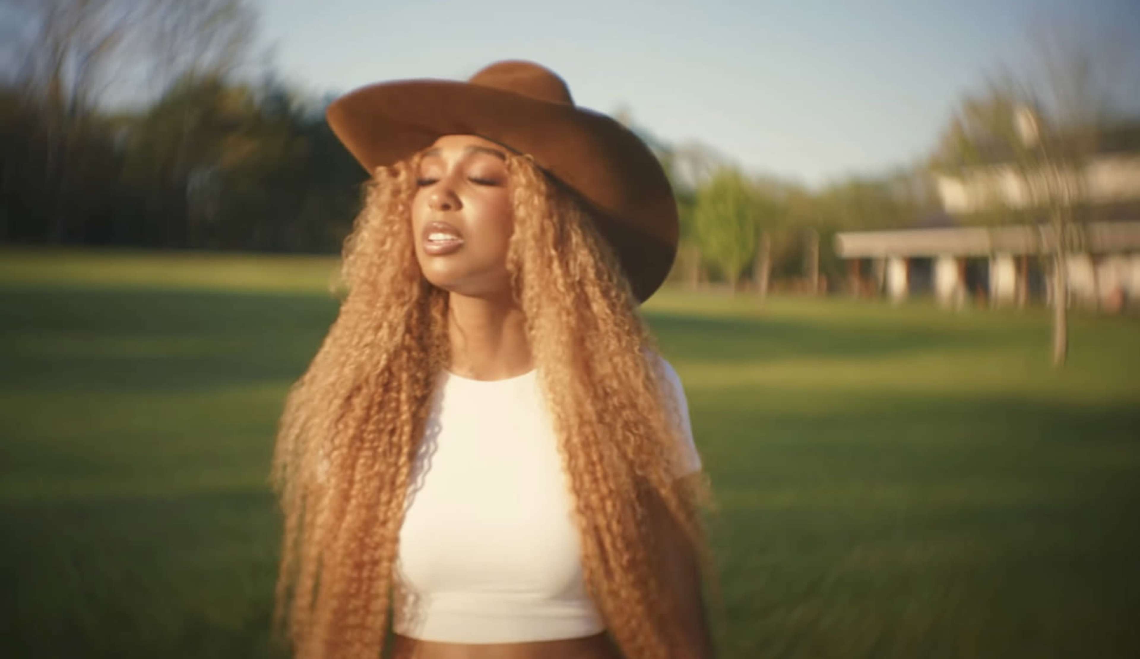 A woman with long, curly hair wearing a wide-brimmed hat stands in a grassy field.