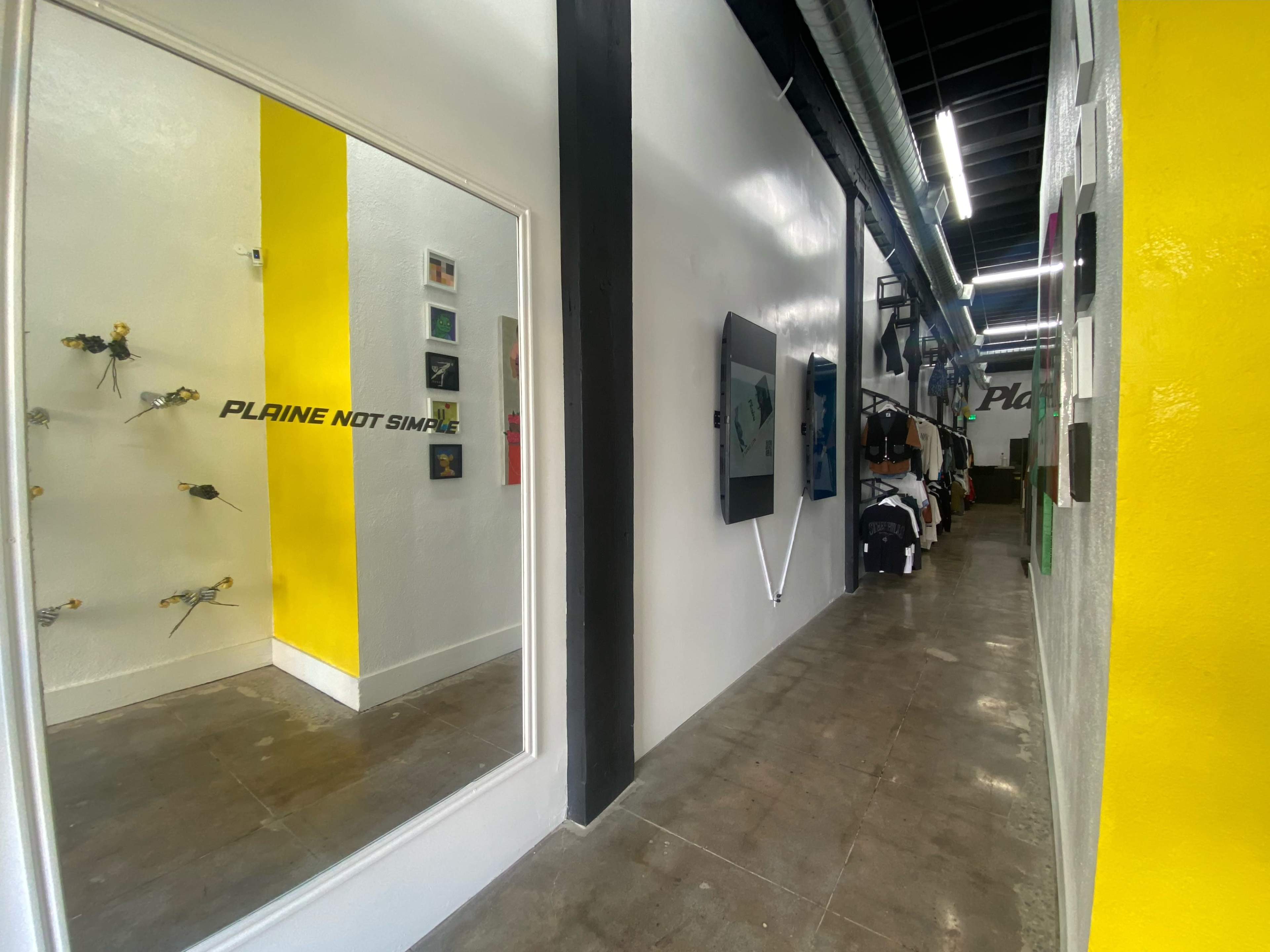 The image shows a narrow hallway with a mirror on the left, colorful artwork on the walls, and clothing hanging on the right side.