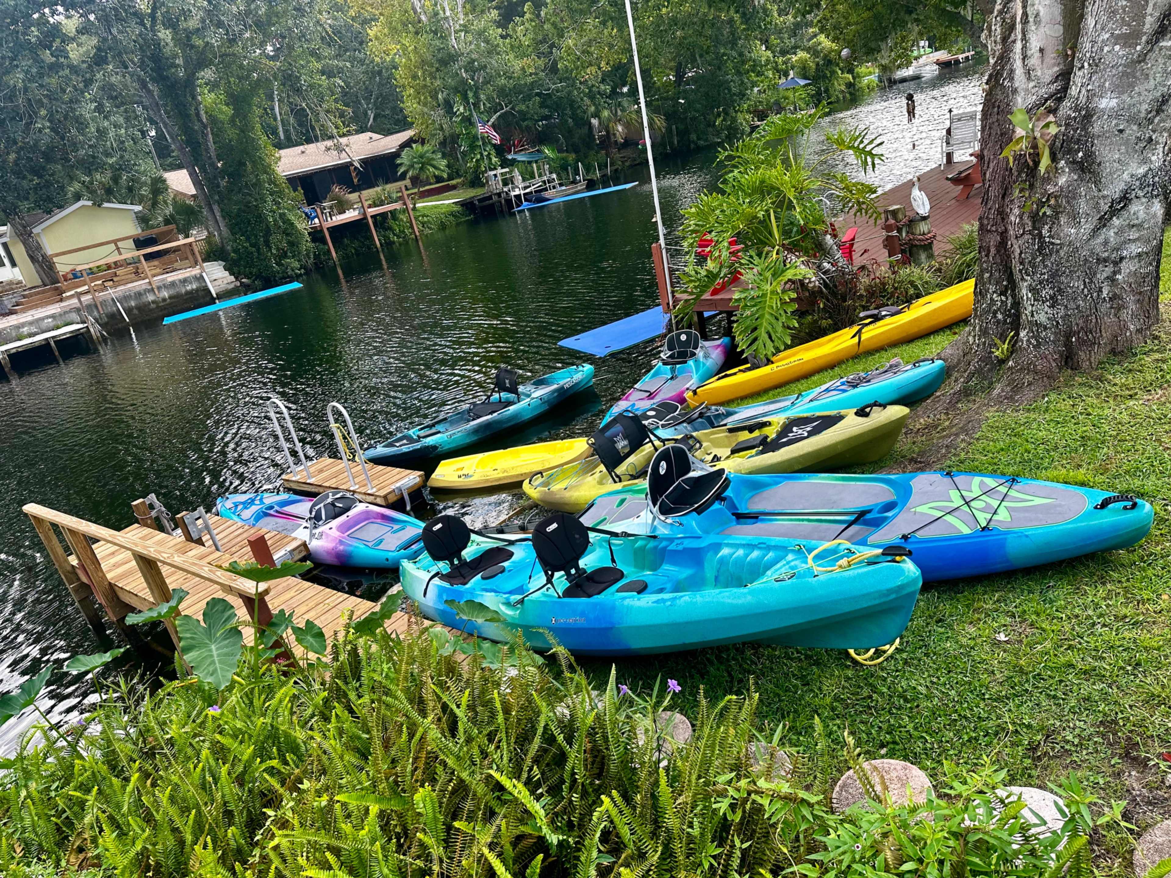 A collection of brightly colored kayaks is lined up along a grassy bank by a calm river, with a small wooden dock leading into the water.