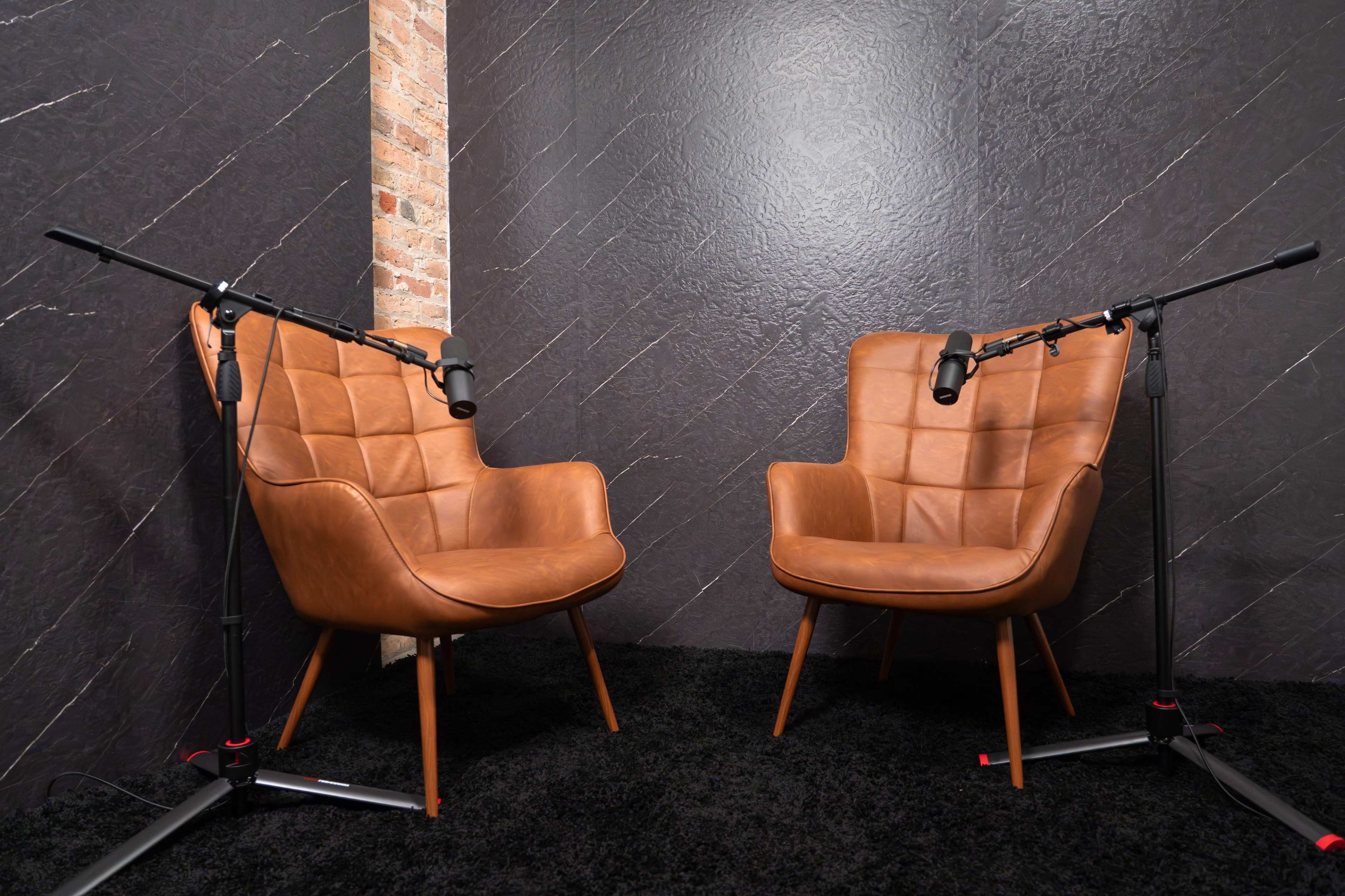 The image shows two brown leather chairs facing each other, each with a microphone mounted on a stand, against a textured dark wall.