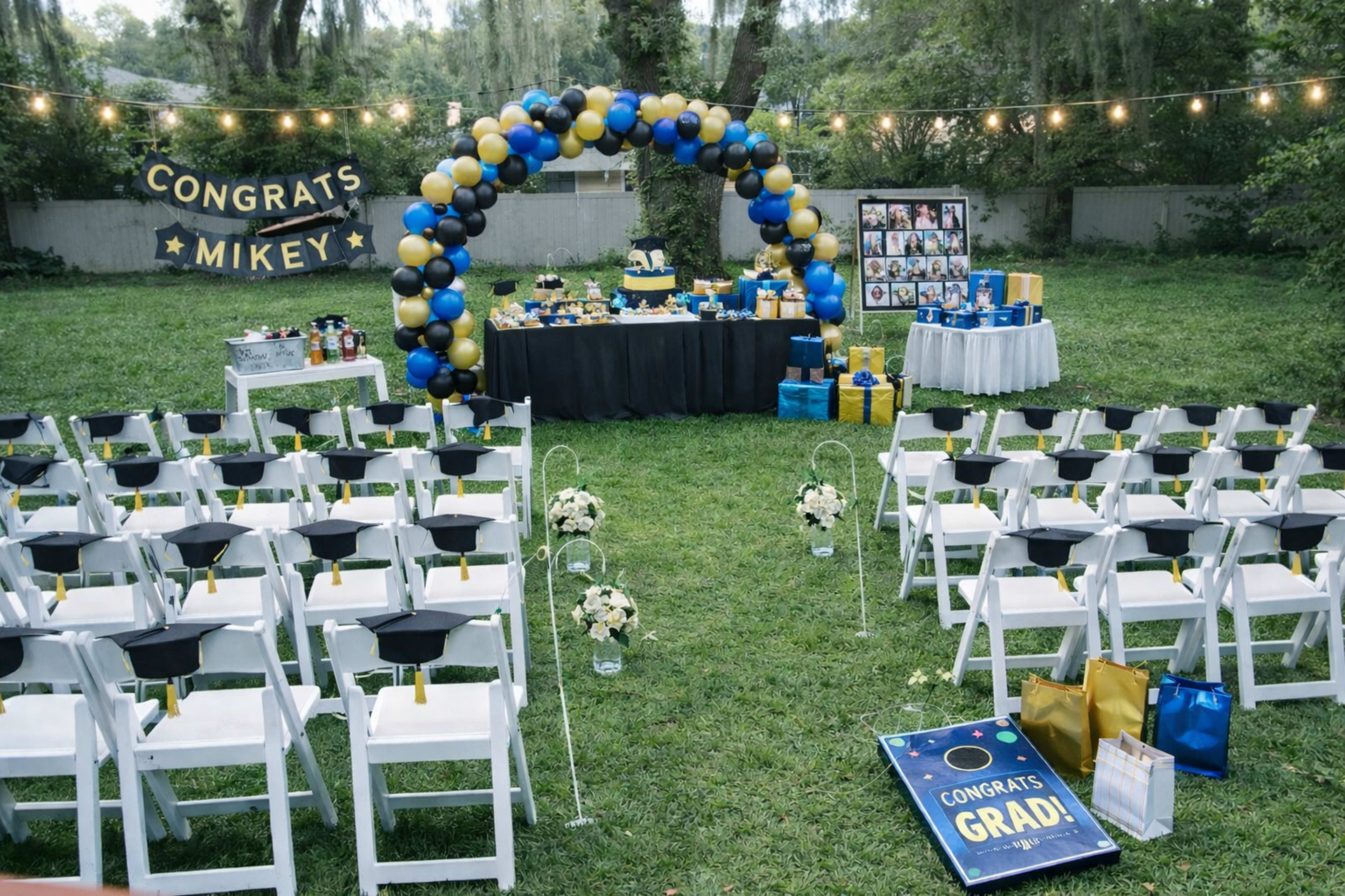 The scene shows an outdoor graduation celebration with neatly arranged chairs facing a decorated table under a balloon arch, surrounded by gifts and a backdrop of photos.