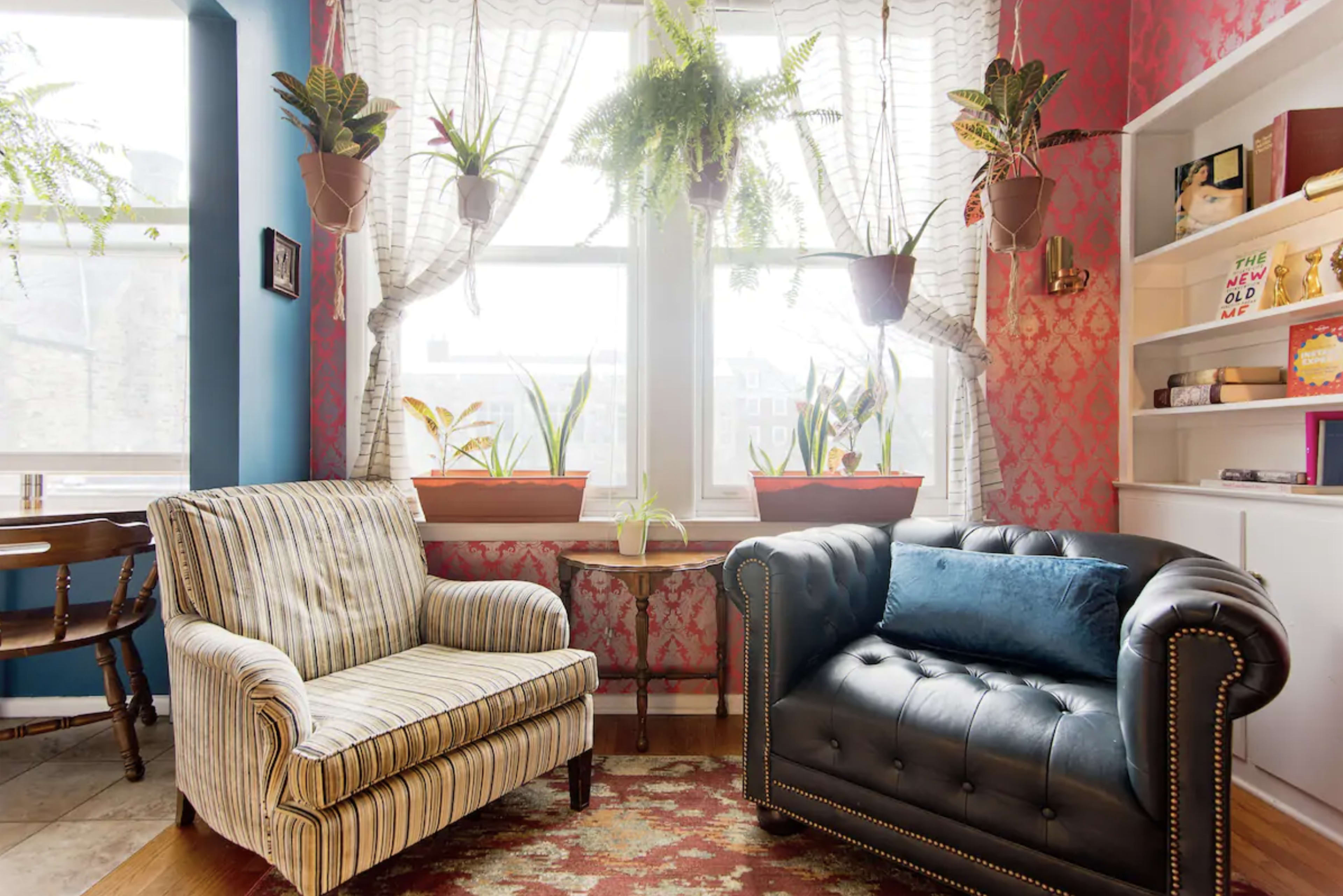 A cozy sitting area features a striped armchair and a black leather tufted sofa, with potted plants hanging by the window and bookshelves nearby.