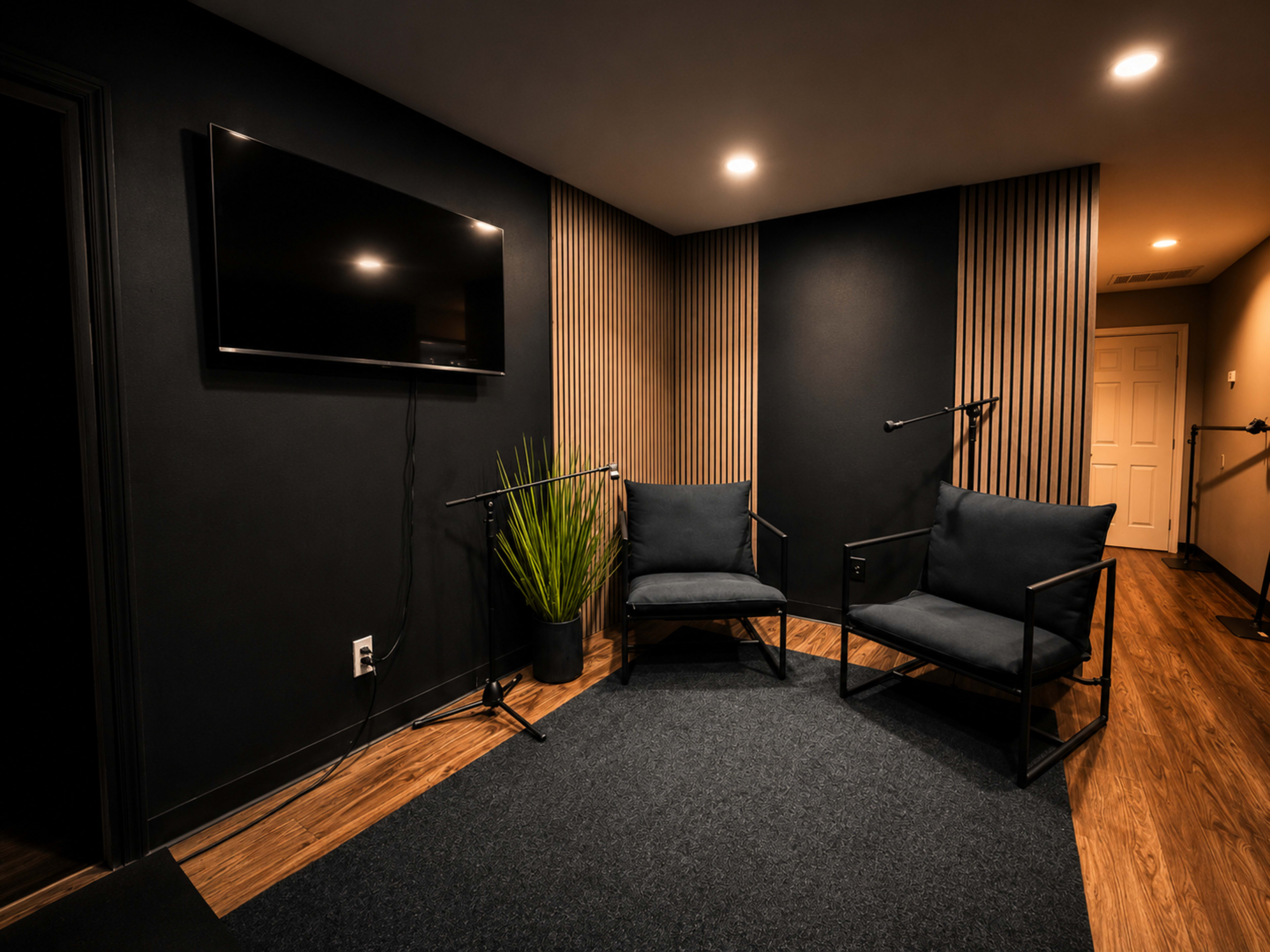 The image shows a dimly lit room featuring two black chairs, a television mounted on the wall, and a potted plant in a corner.