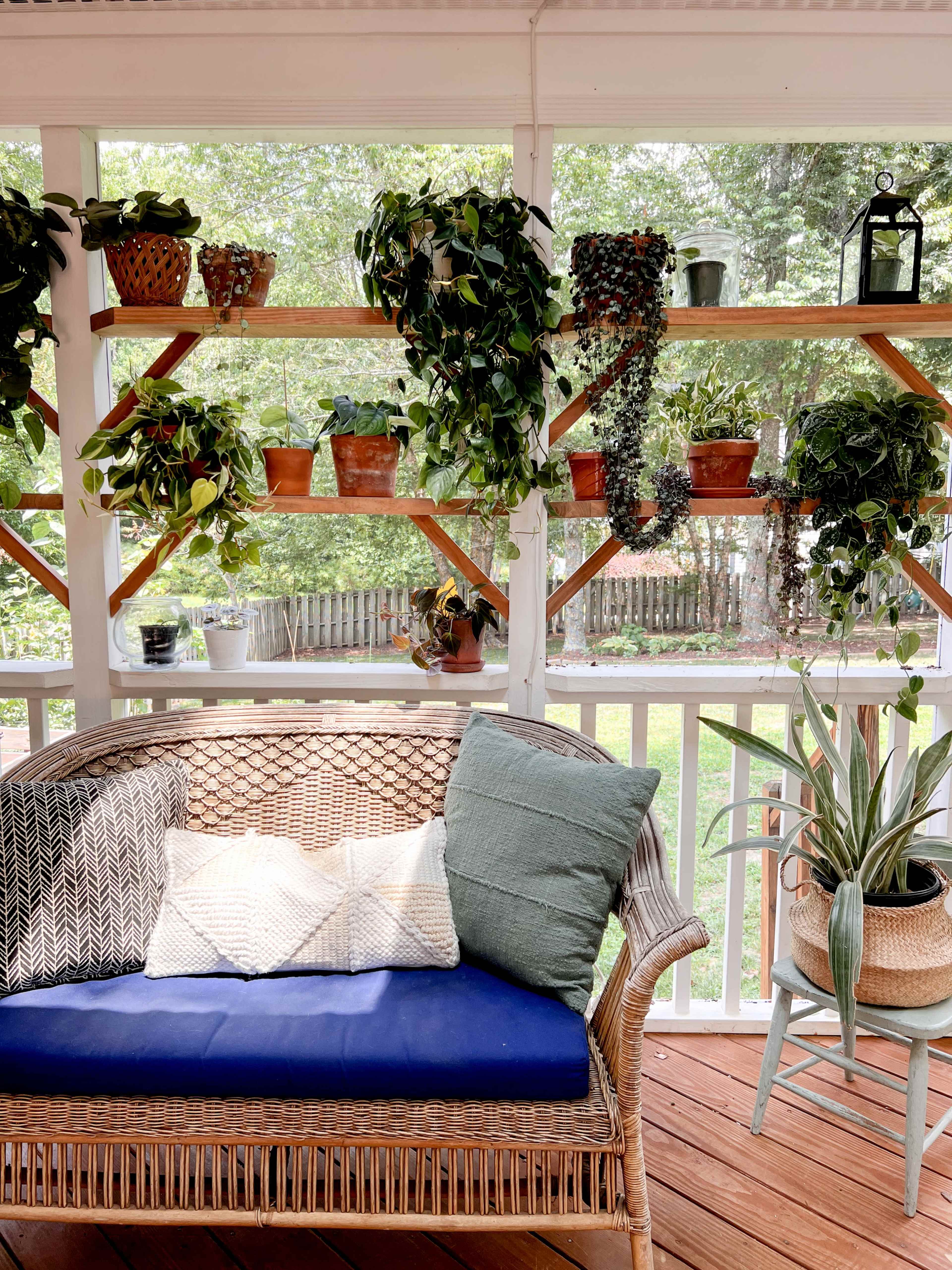 A cozy porch features a wicker sofa with cushions, surrounded by various potted plants arranged on wooden shelves.