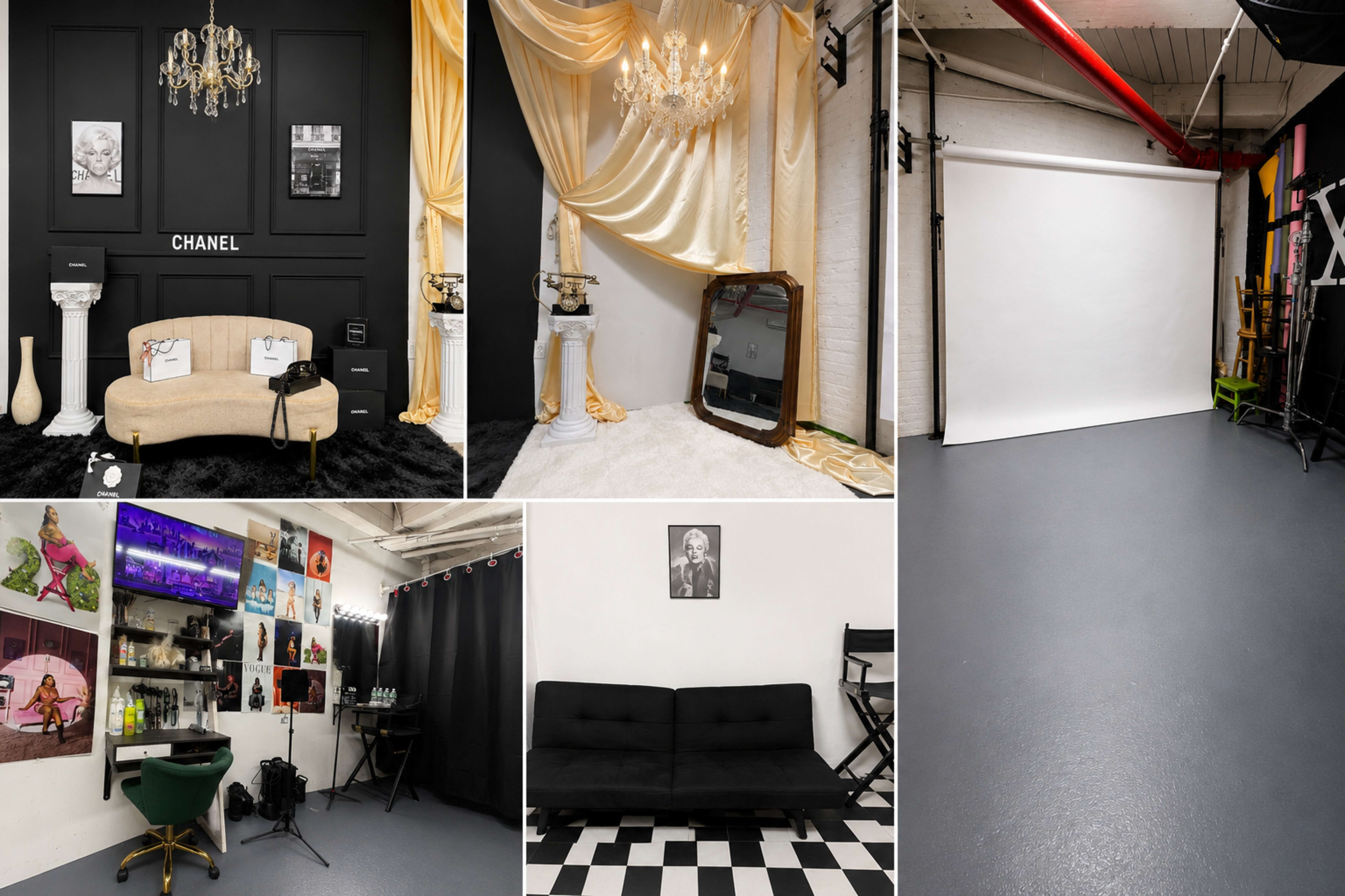 The image depicts a photography studio consisting of various setups, including a Chanel-themed backdrop, a minimalist white space, and multiple seating areas.
