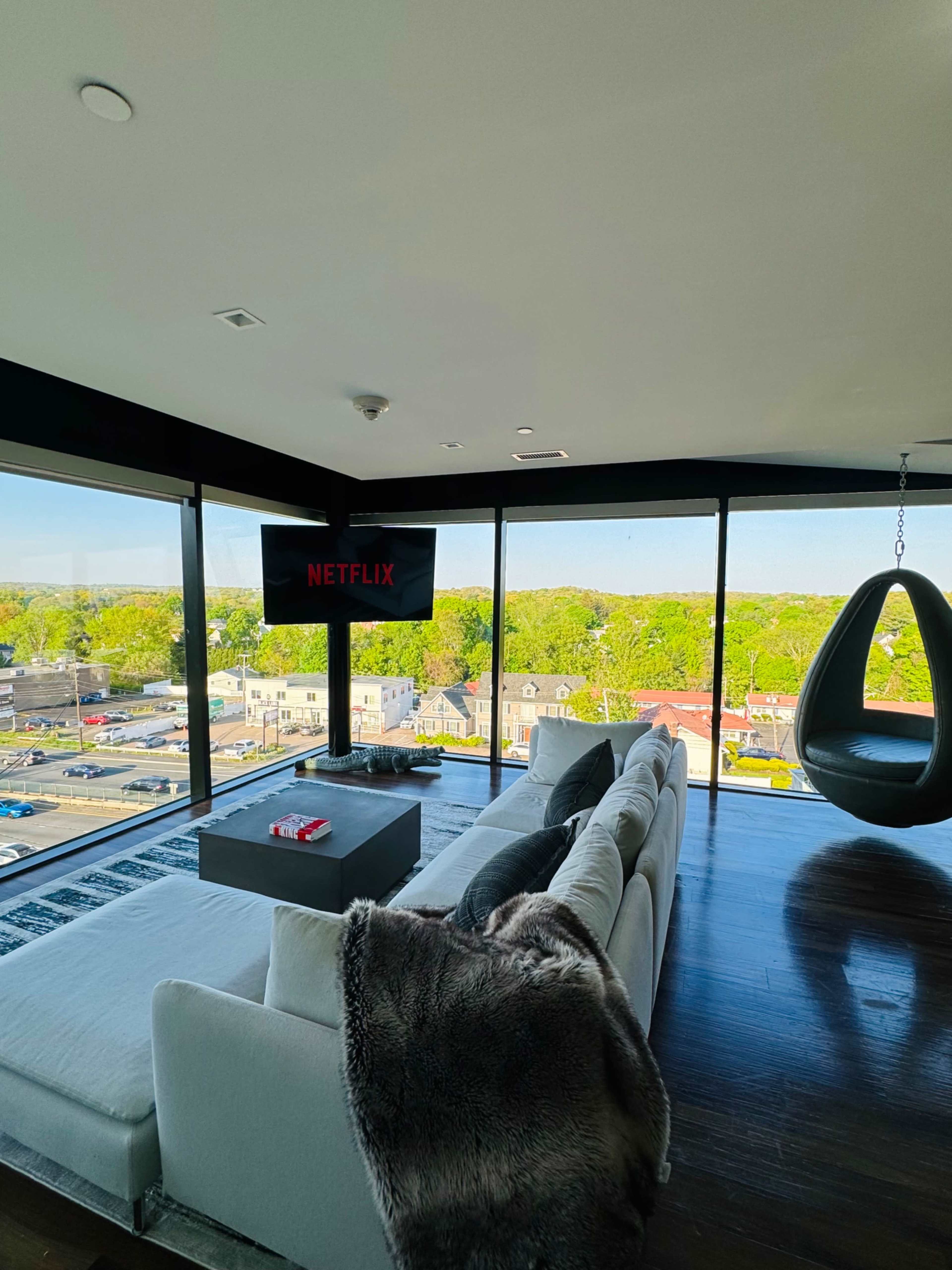 A modern living room features a large window with a view of the outdoors, a television displaying the Netflix logo, and a hanging chair beside a sectional sofa.