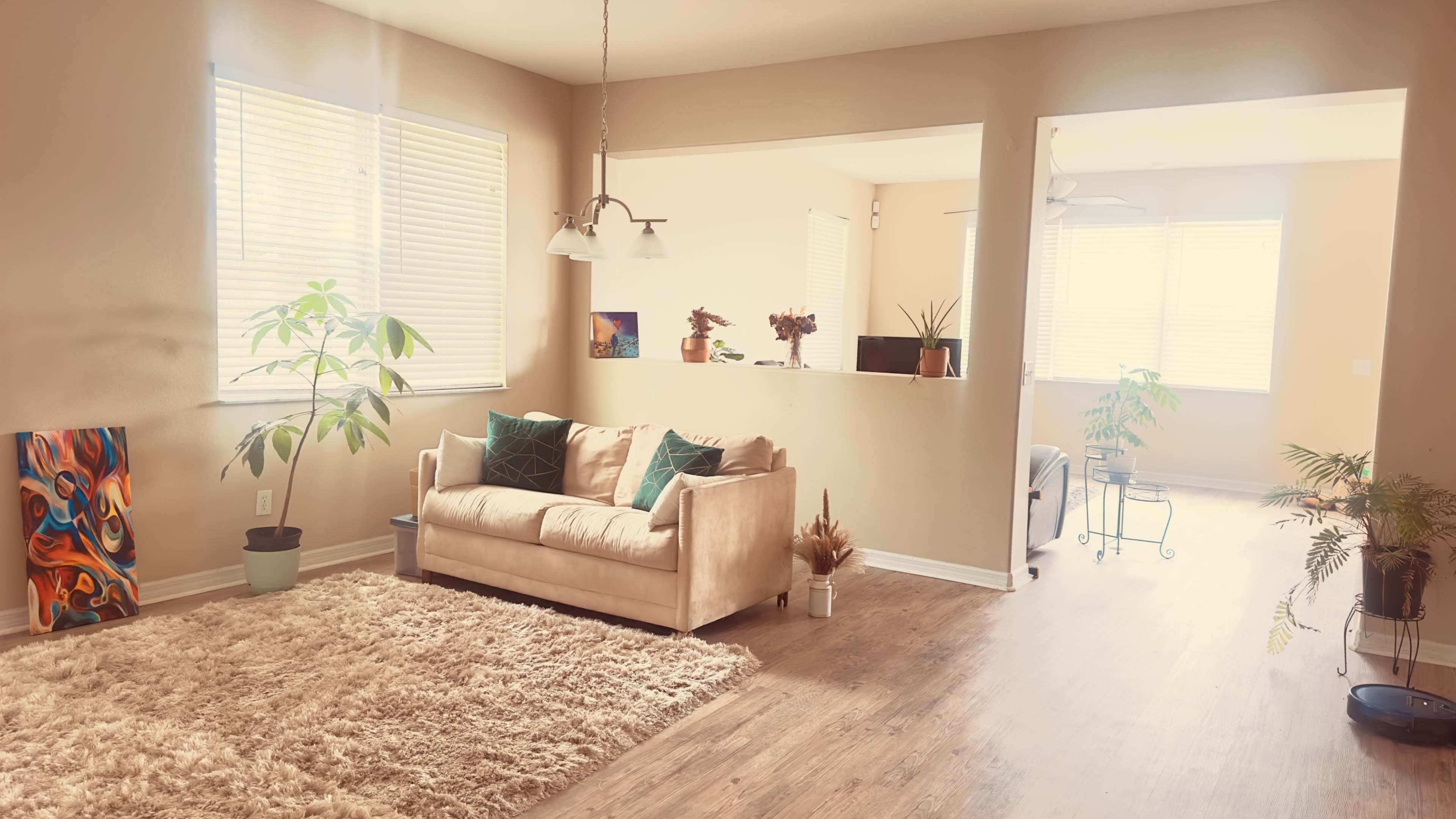 The image shows a light-filled living area featuring a beige sofa, a rug, and several indoor plants, with an open pathway leading to another room.