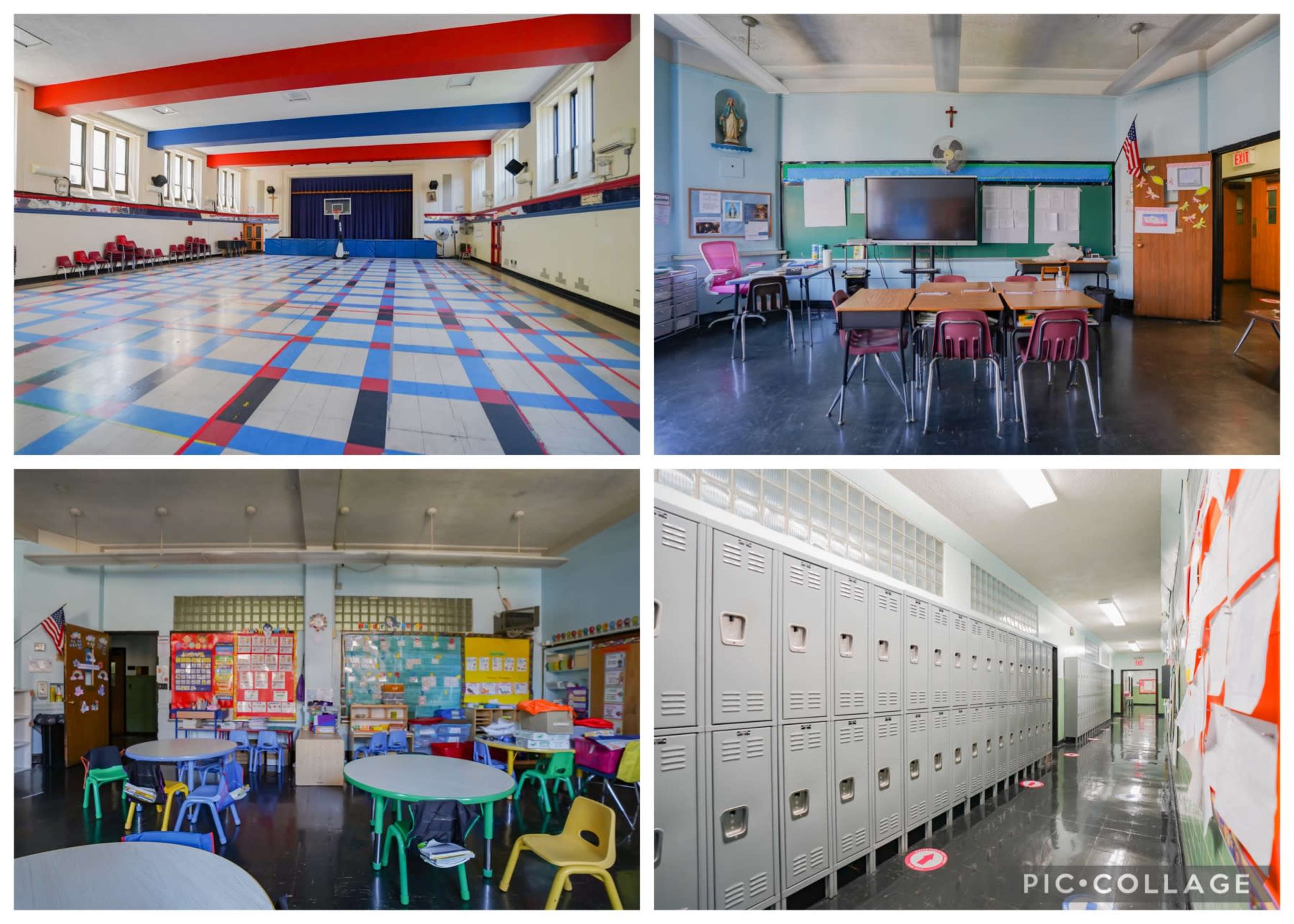 An interior view of a school featuring a gymnasium, a classroom with desks and a digital screen, a room with colorful tables, and a hallway lined with lockers.