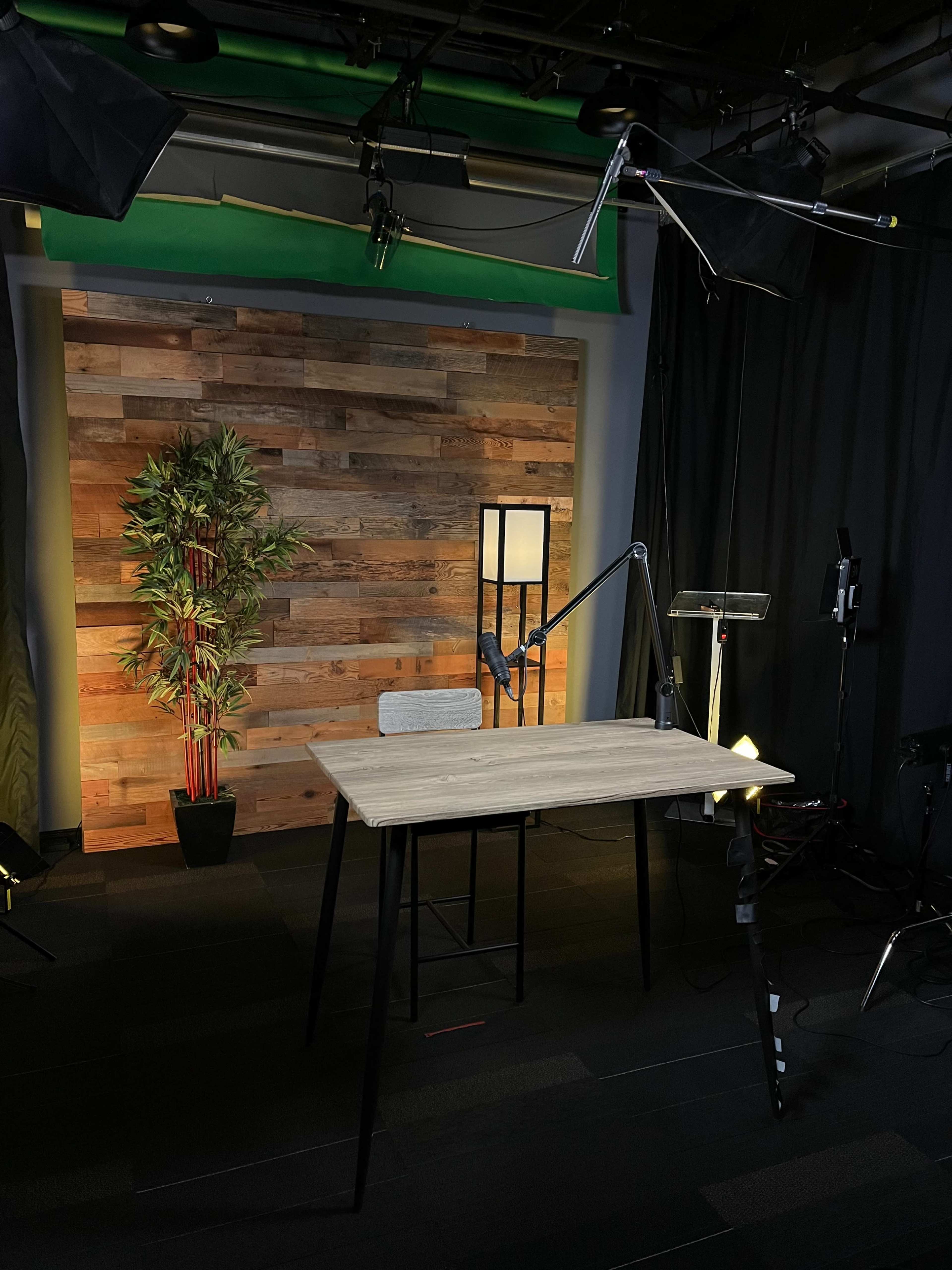The image shows a neatly arranged studio setup featuring a wooden table, a microphone on a boom arm, a floor lamp, artificial plants, and various lighting equipment against a wooden backdrop.