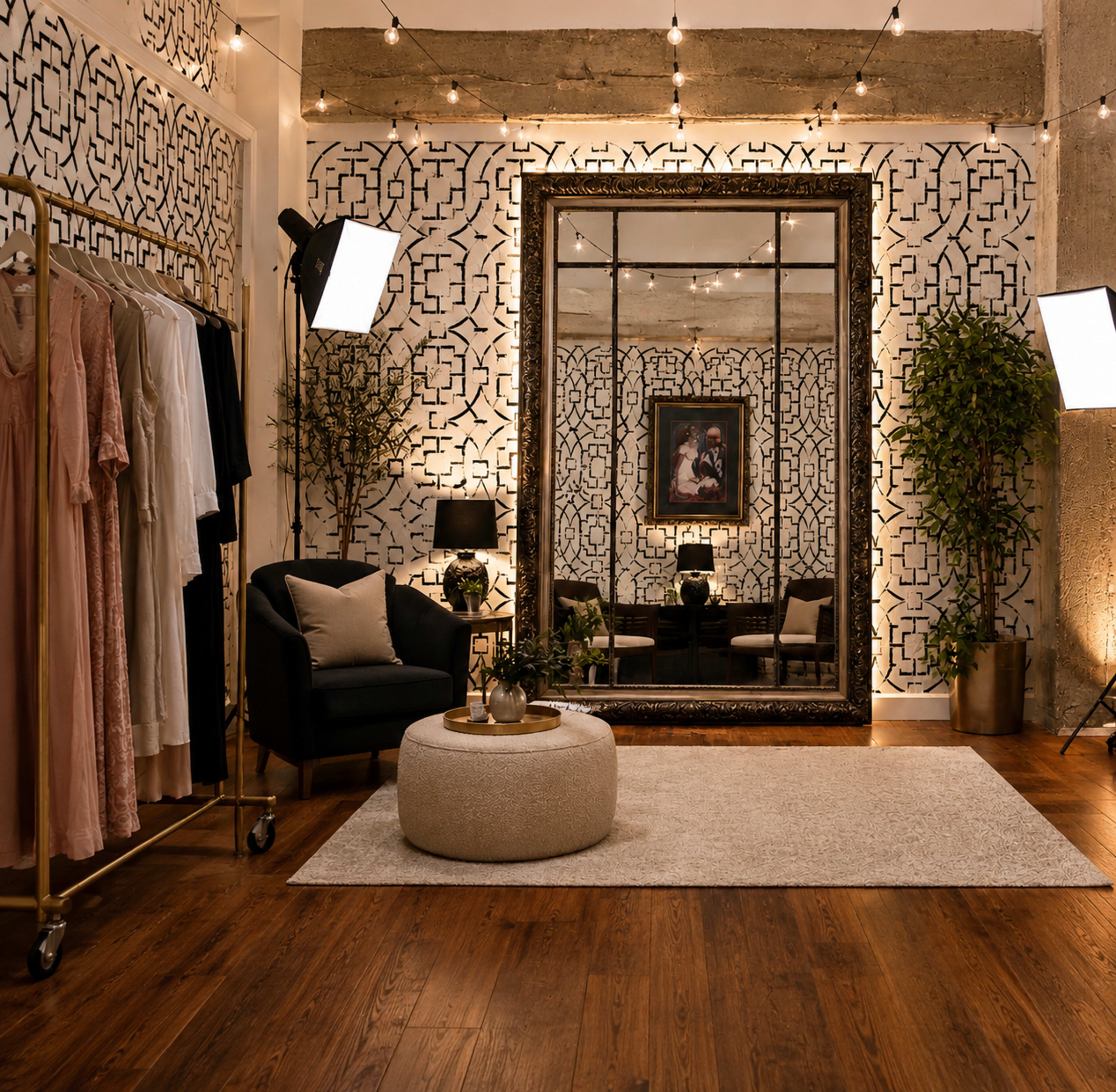 The image shows a styled interior space featuring a large framed mirror, decorative clothing racks with dresses, plants, and soft lighting from floor lamps.