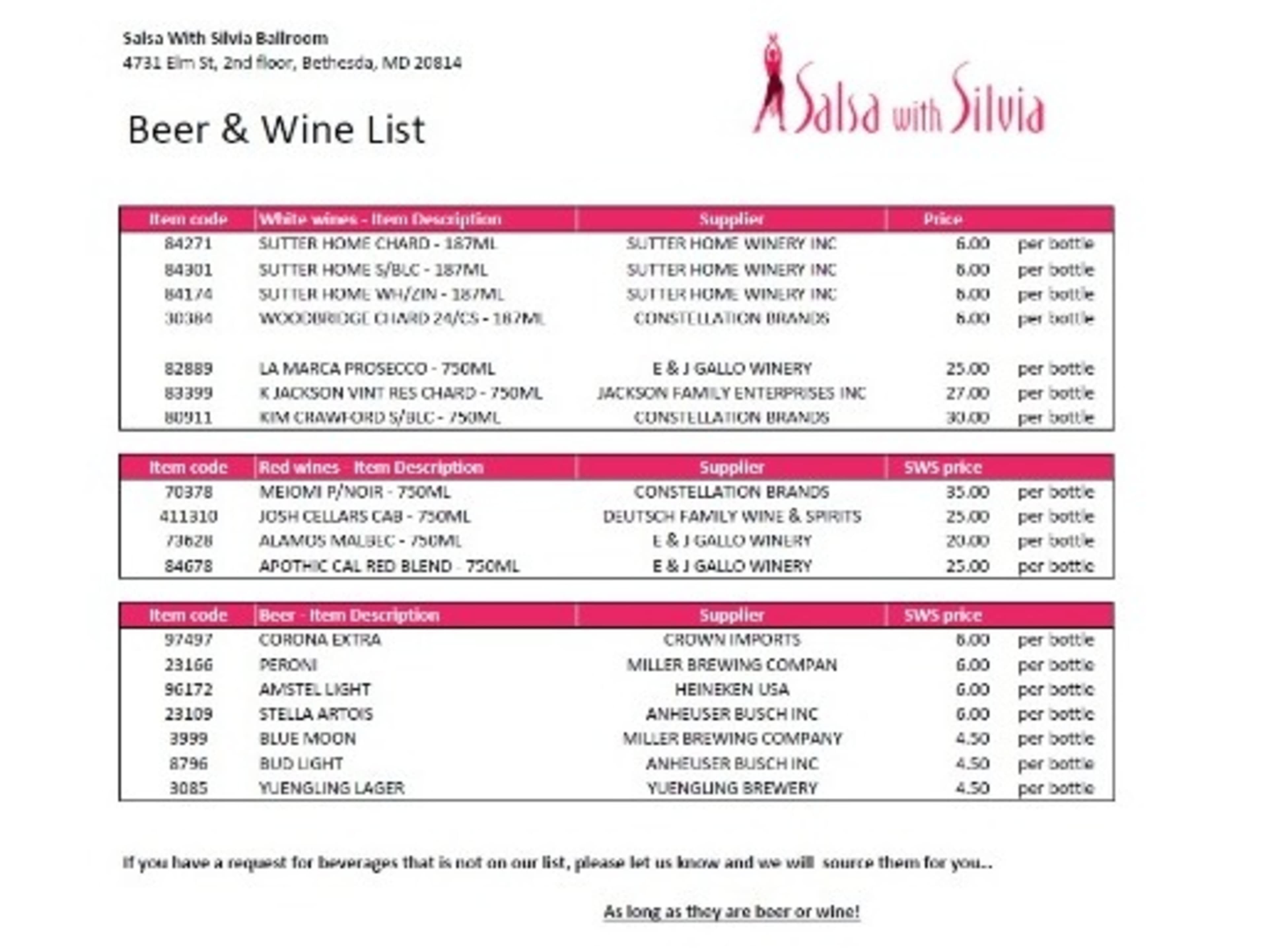 Beer, Wine and Cocktails Menu