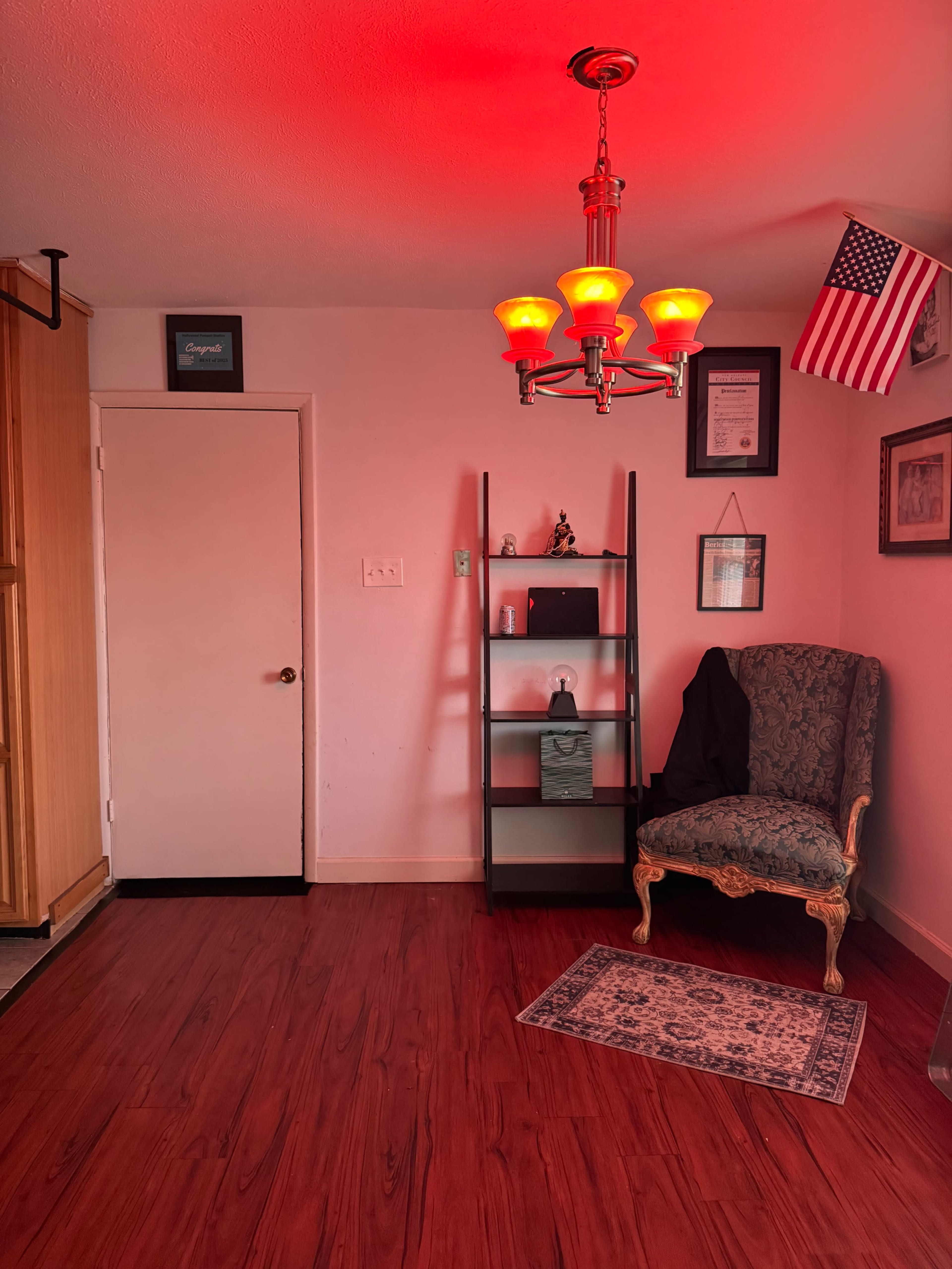 The image shows a room with red lighting, featuring a tall bookshelf, an ornate chair, and an American flag on the wall.