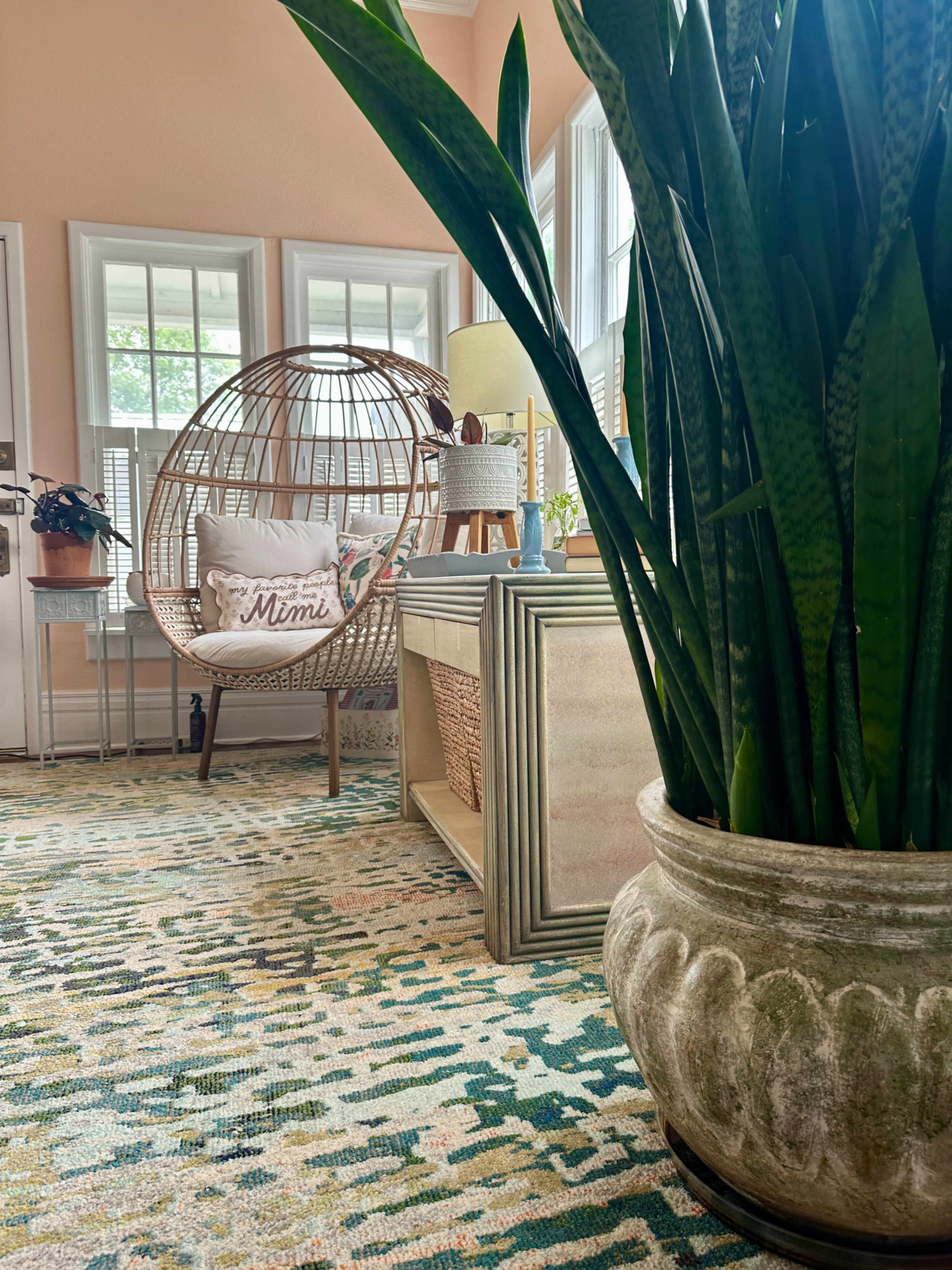 The image shows a cozy indoor space featuring a woven chair, decorative pillows, a green potted plant, and a patterned rug.