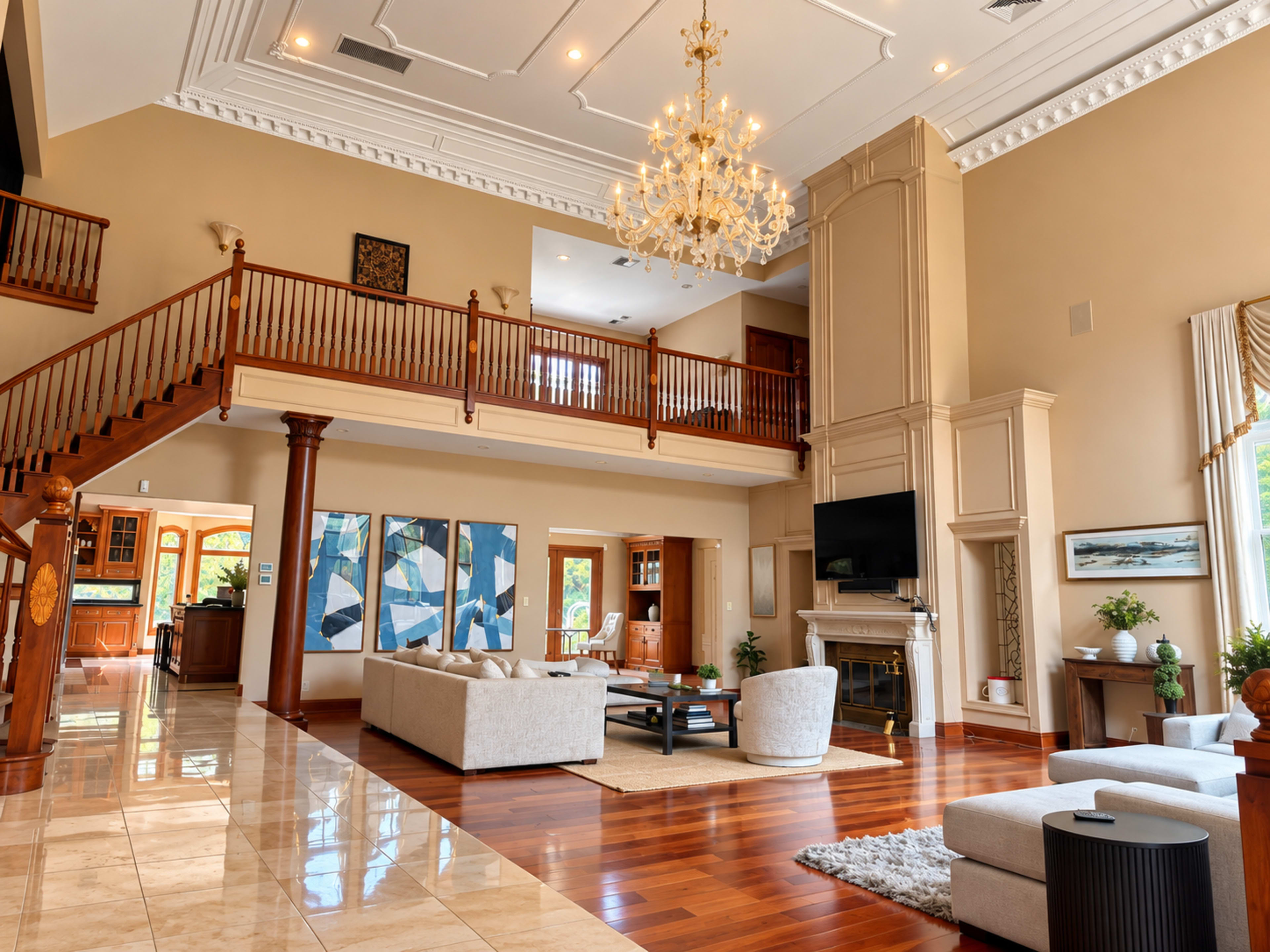 The image shows a spacious living room with high ceilings, a large chandelier, and a staircase leading to an upper level.