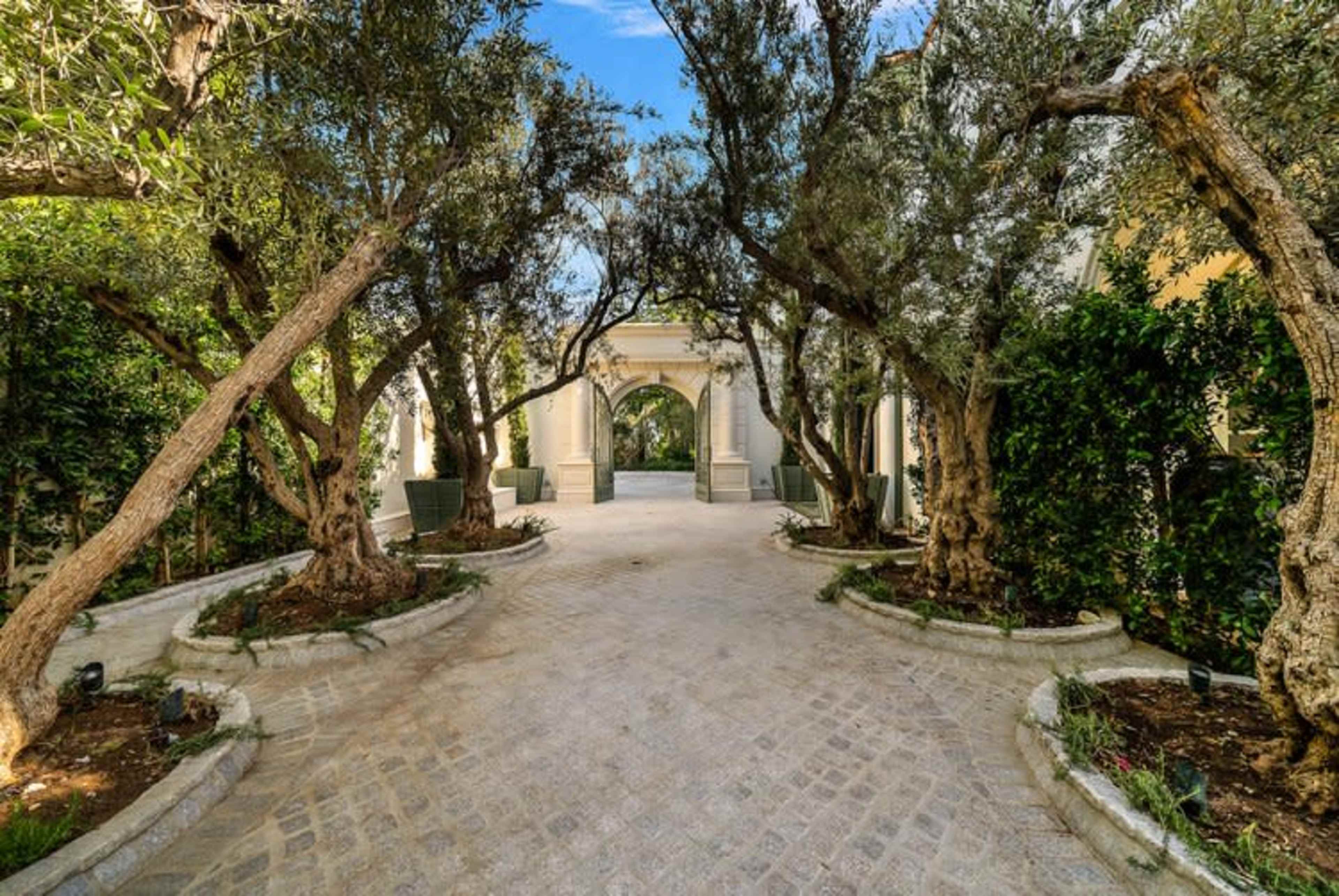 A stone pathway lined with ancient olive trees leads to an archway at the entrance of a property.