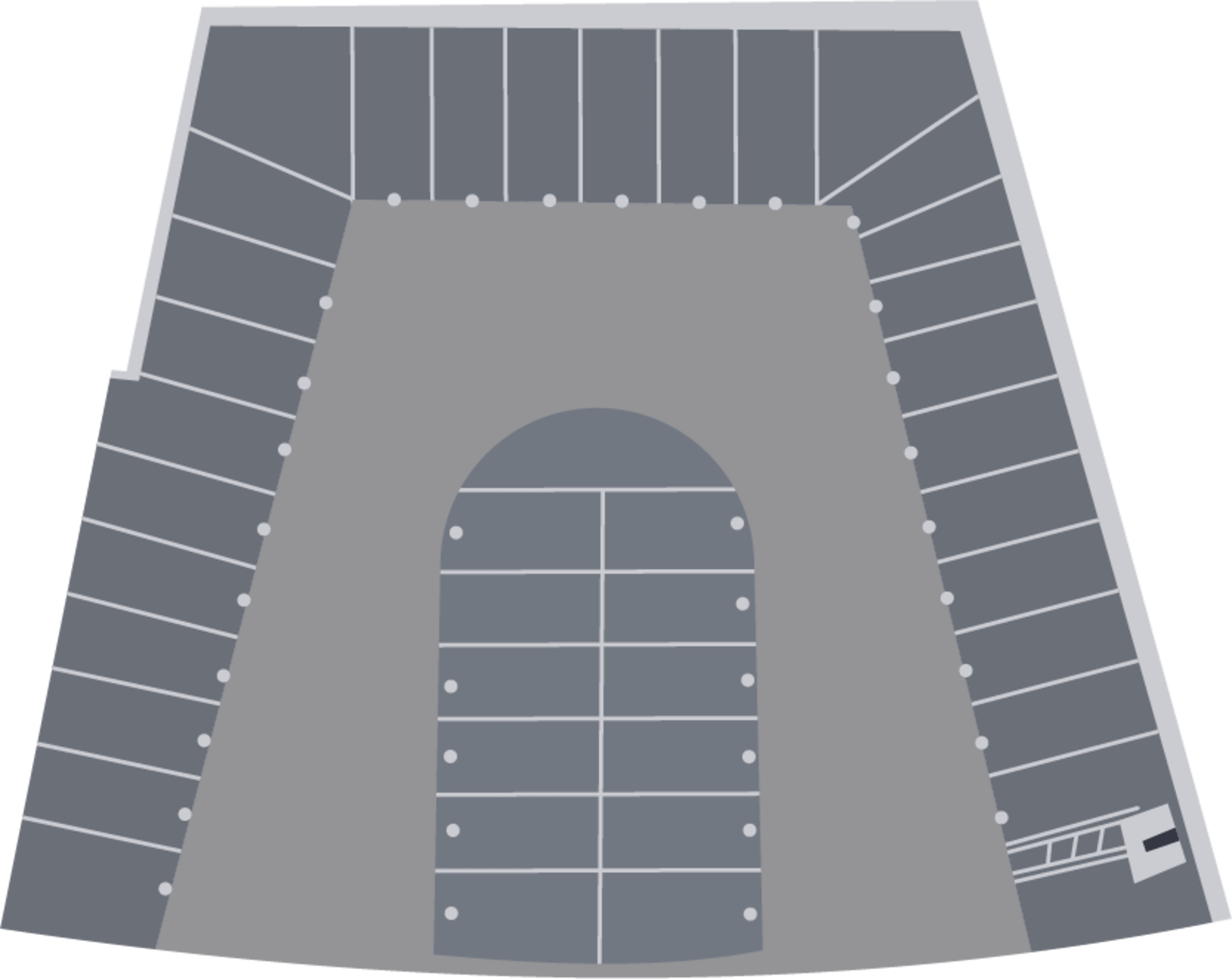 A top-down view of a large parking area with marked spaces and an entrance on one side.